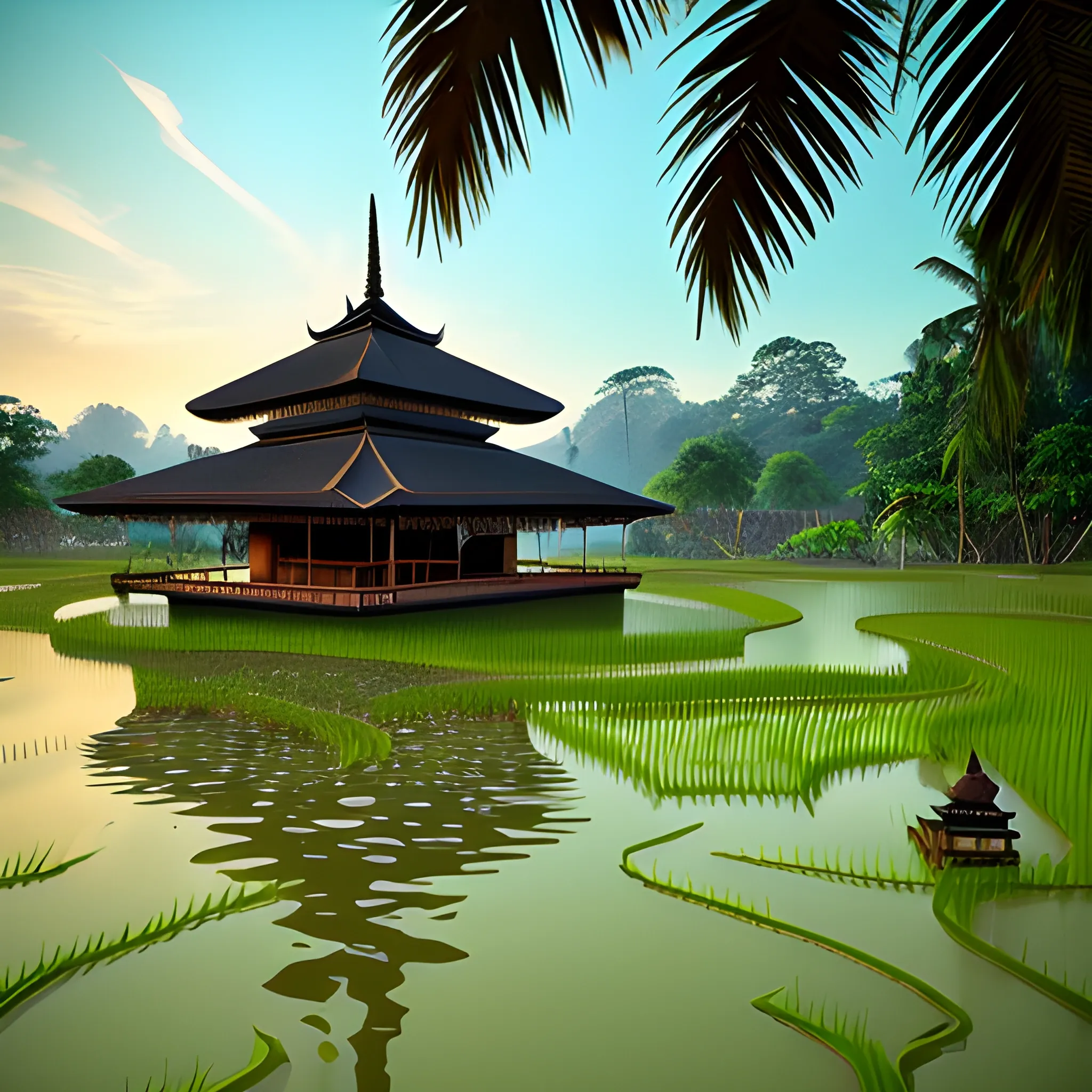 Javanese traditional masjid in the middle of a rice paddy fields, Trippy, 3D