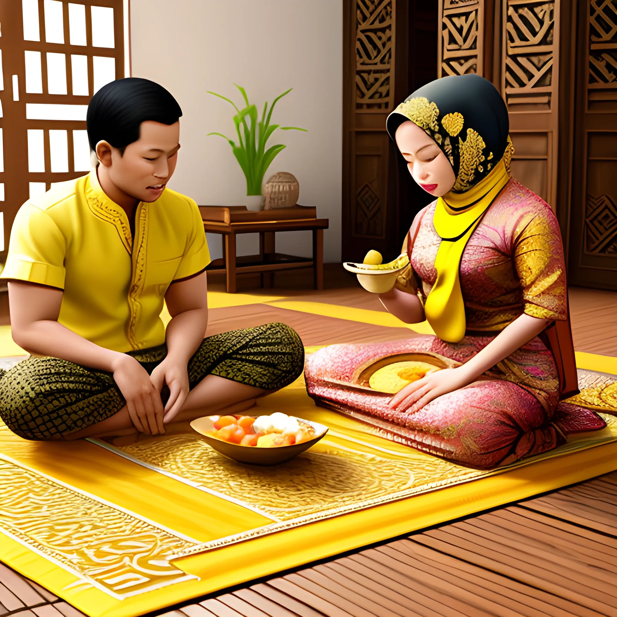 Javanese men wearing batik and sarong and hijabi javanese women sitting crossed legged in a traditional living room. Yellow rice, chicken, noodles and fruits are on the floor on a mat in the middle of them, 3D