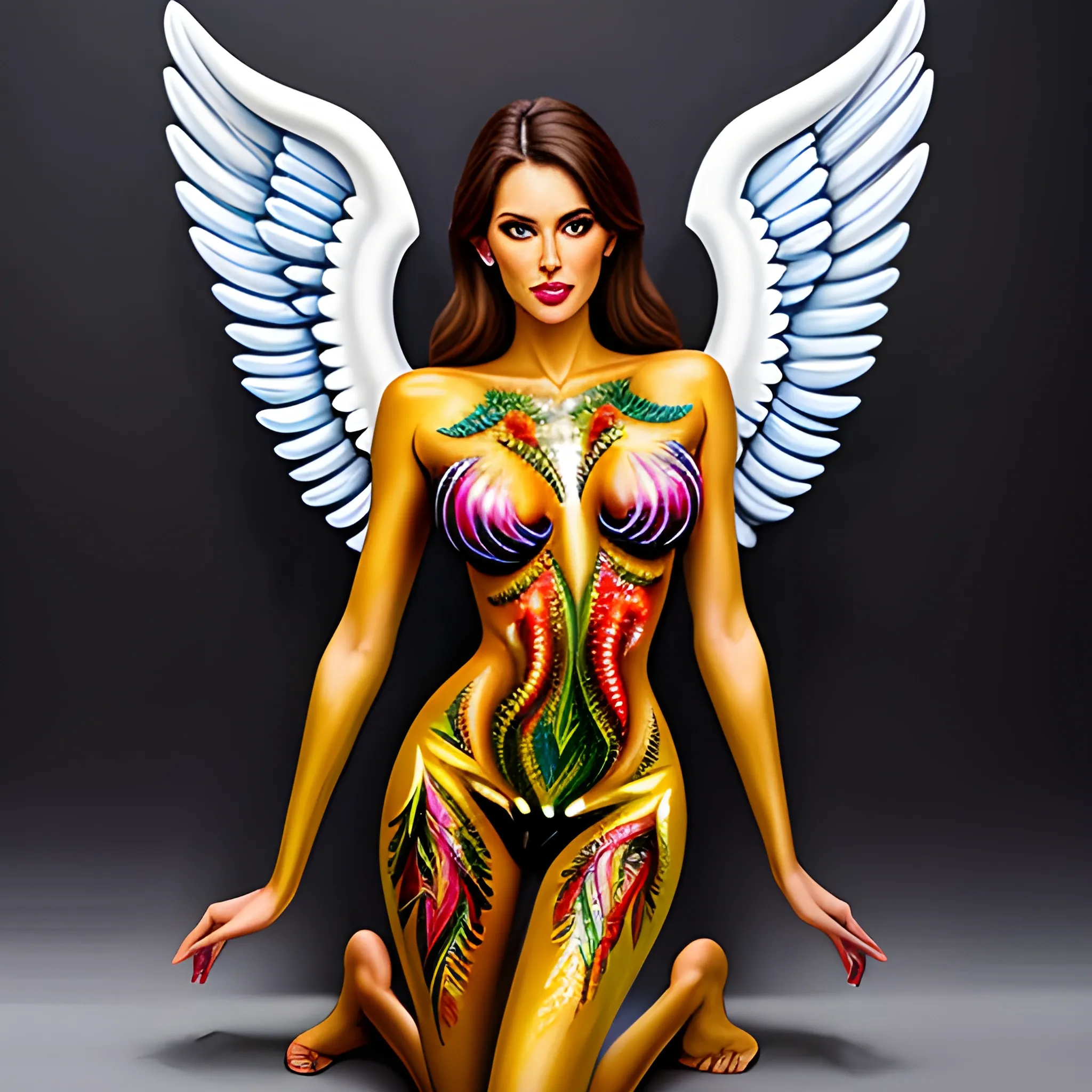Full body painted girl with angel wings. bodypainting, Oil Painting