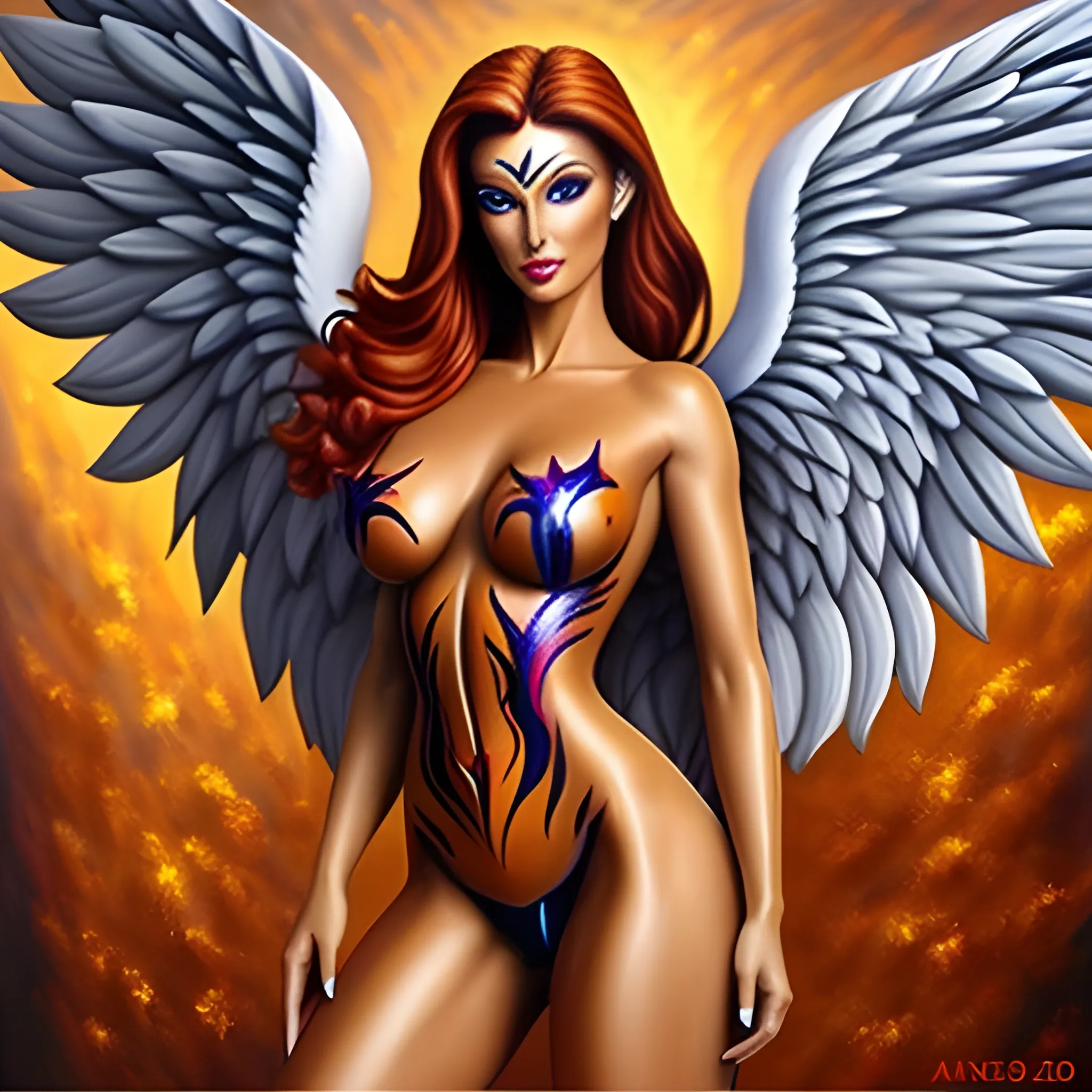 Full body painted girl with angel wings. bodypainting, Oil Painting, 3D