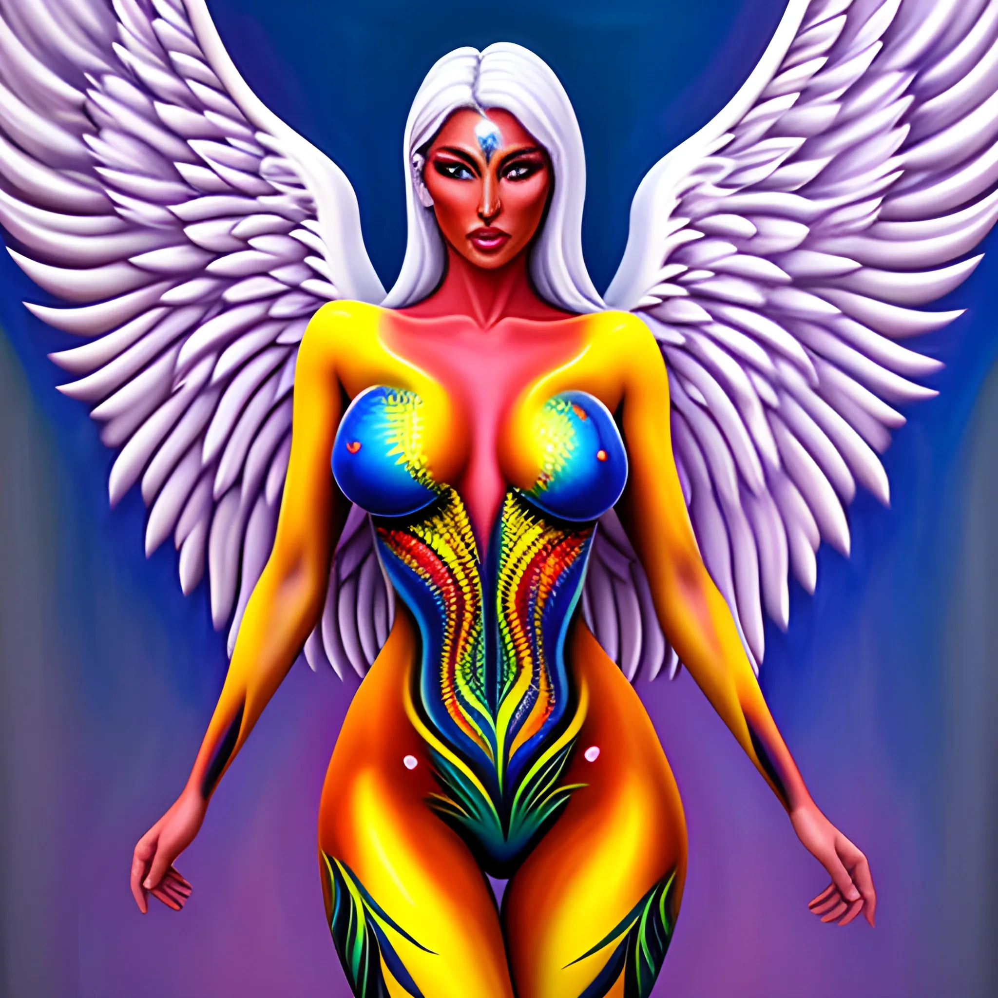 Full body painted girl with angel wings. bodypainting, Oil Painting, 3D, Trippy