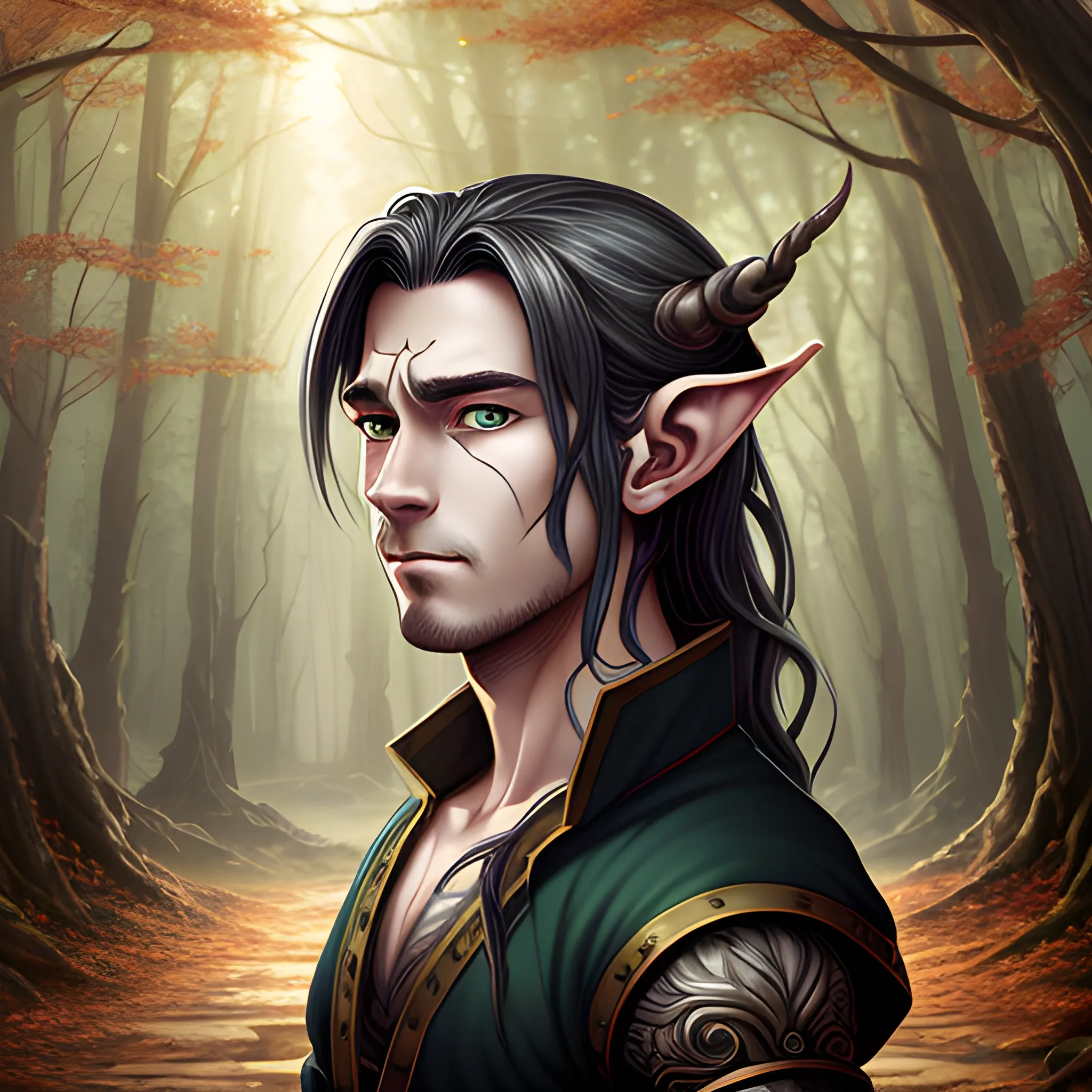 half body portrait, highly detailed, smith, merchant, high fantasy, handsome, dynamic pose, forest nymph, backlit, holy, blacksmith, electric, elf, forge, manga style, anime, long hair, facial markings, fall season
