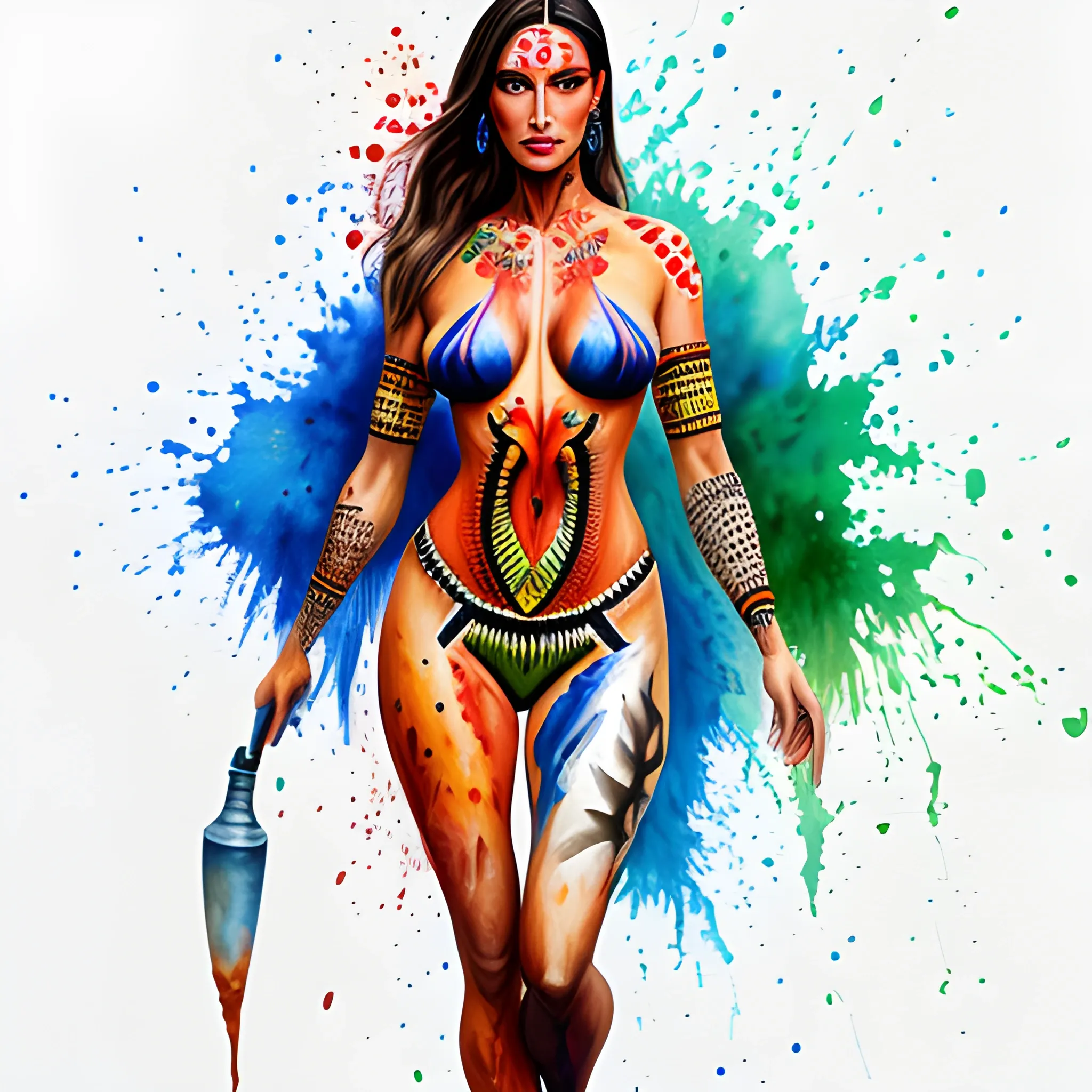 full body of girl painted with tribal, hyperrealistic 4k pose, Water Color, Oil Painting