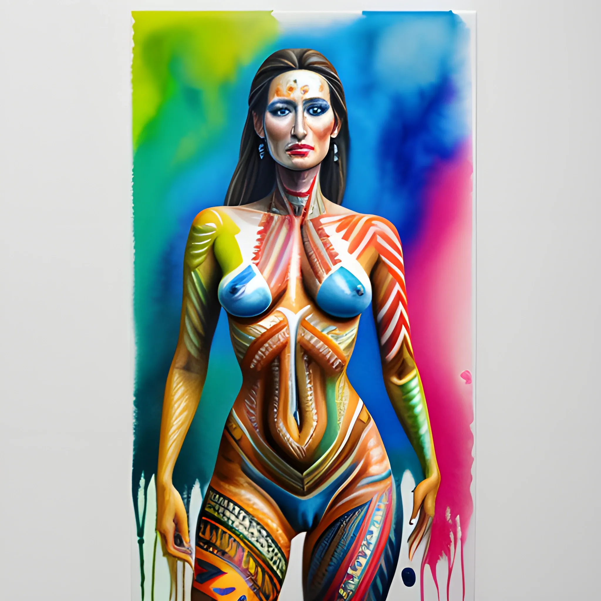 full body of girl painted with tribal, hyperrealistic 4k pose, Water Color, Oil Painting, Trippy