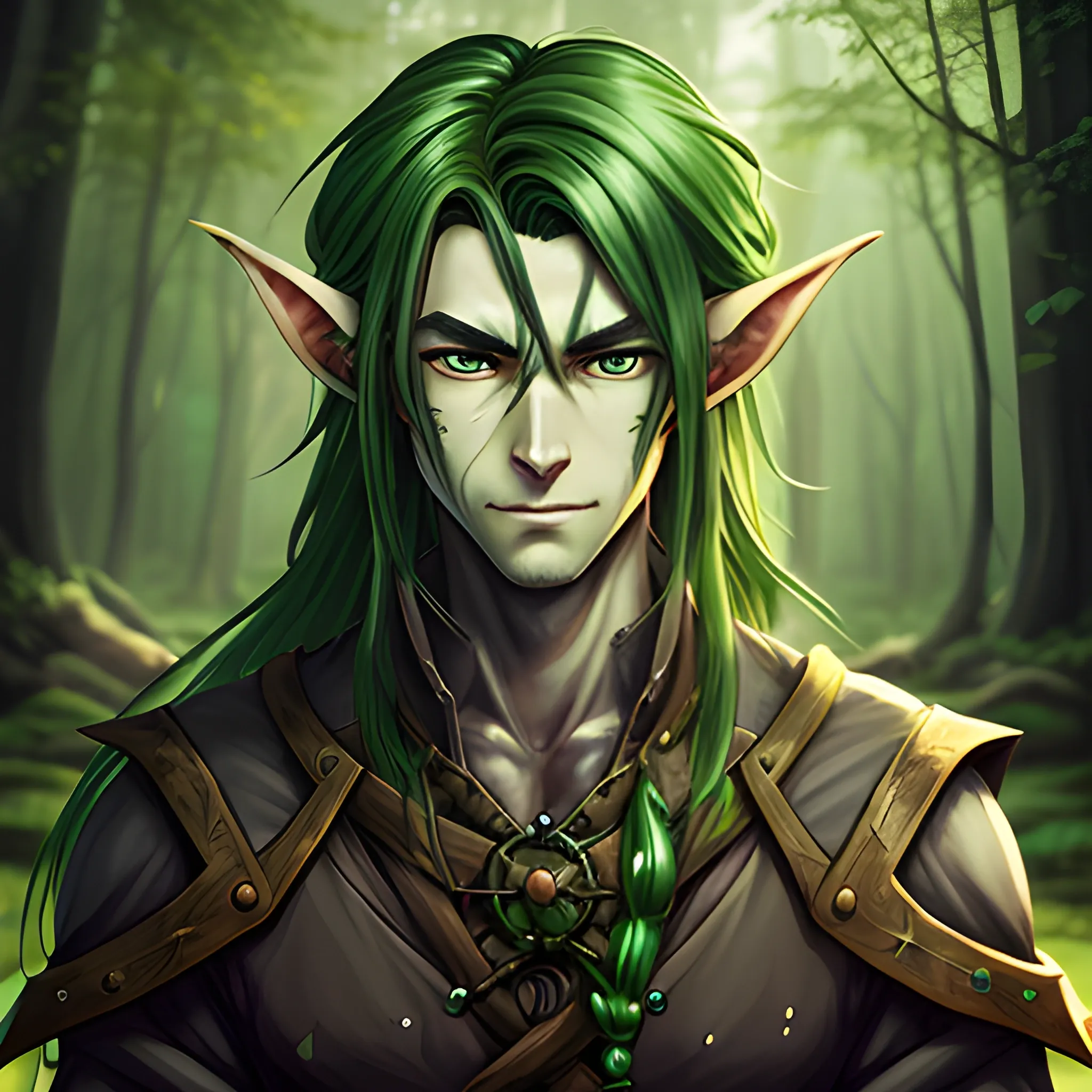 half body portrait, highly detailed, smith, merchant, high fantasy, handsome, dynamic pose, forest nymph, backlit, holy, blacksmith, electric, elf, forge, manga style, anime, long hair, facial markings, fall season, green skin