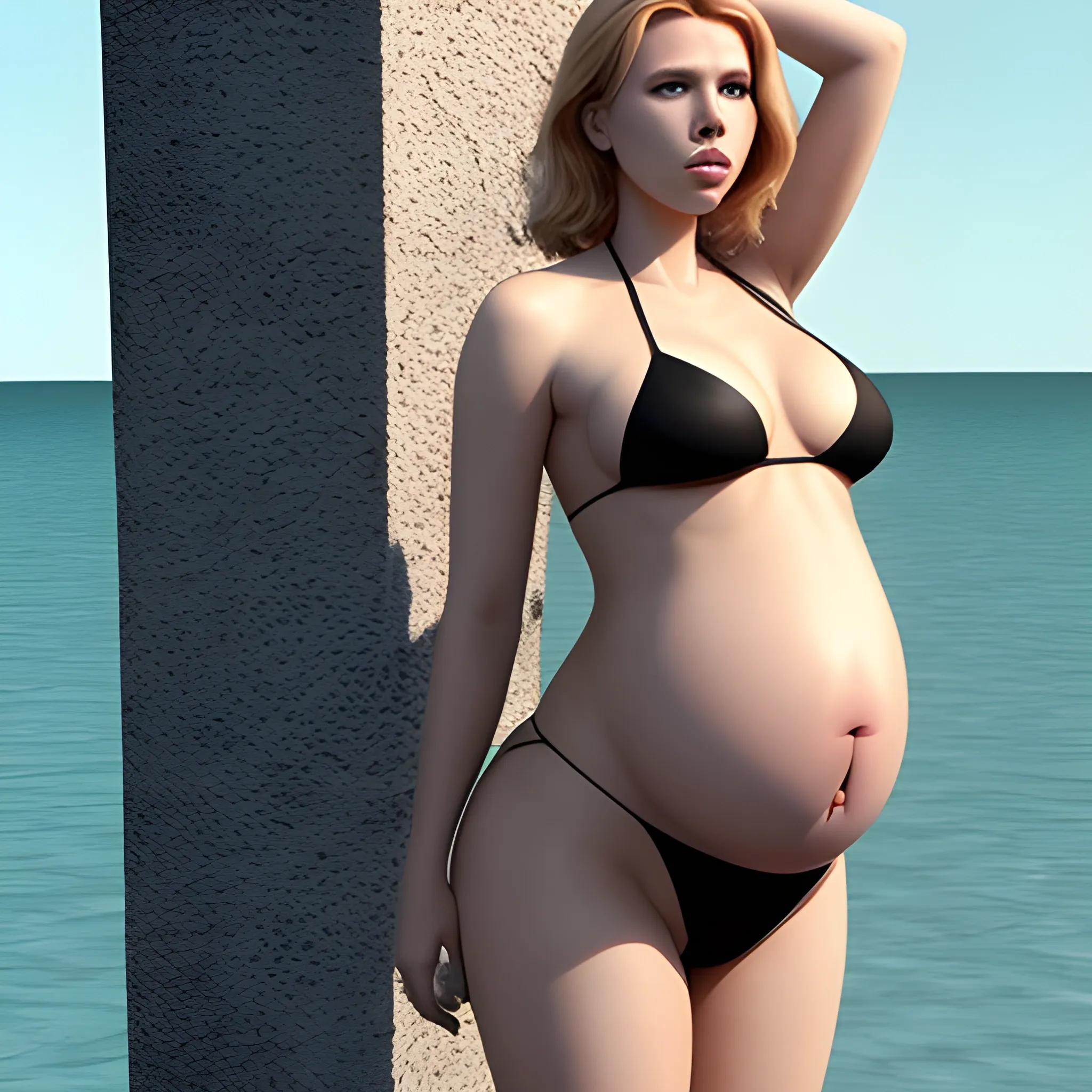 carlett johansson , full body, wear bikini, pregnant, 3D