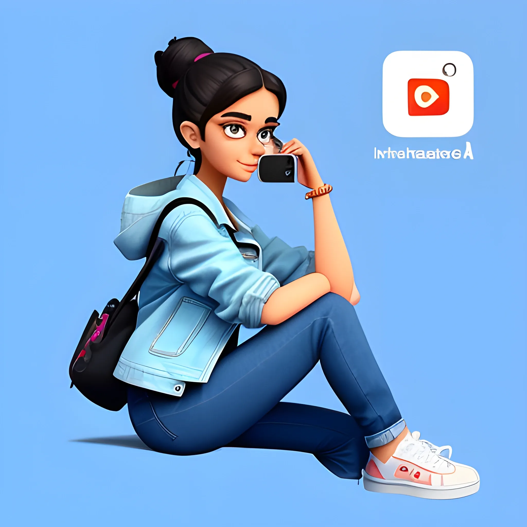 Create a 3D illustration of an animated character sitting casually on top of a social media logo "Instagram".A female character.The character must wear casual modern clothing such as jeans jacket and sneakers shoes. The background of the image is a social media profile page with a user name "Itz_s_neha07" and a profile picture that match.