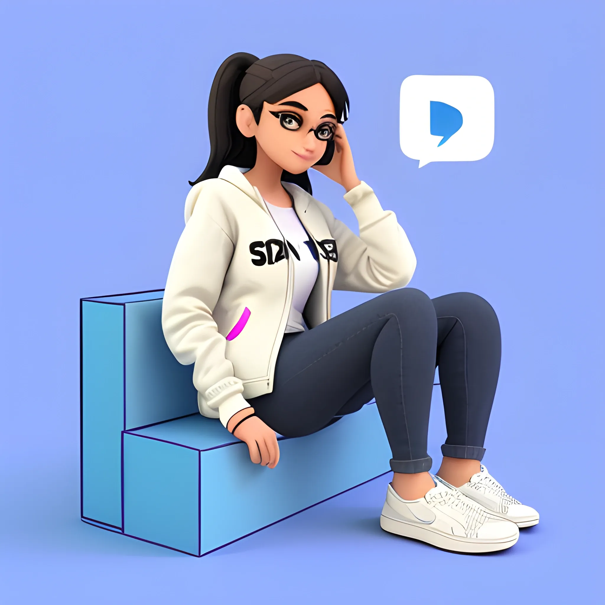 Create a 3D illustration of an animated character sitting casually on top of a social media logo "Instagram".A female character.The character must wear casual modern clothing such as jeans jacket and sneakers shoes. The background of the image is a social media profile page with a user name "Itz_s_neha07" and a profile picture that match.