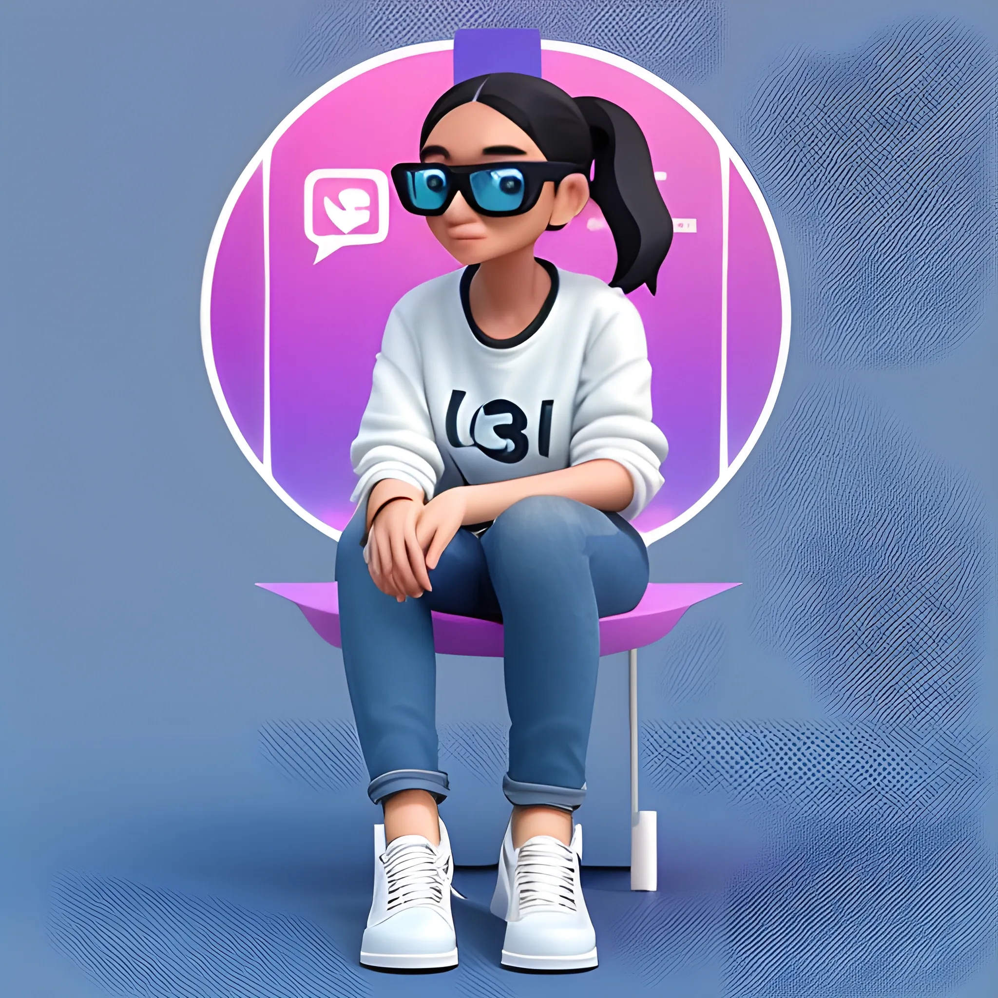 Create a 3D illustration of an animated character sitting casually on top of a social media logo "Instagram".A female character.The character must wear casual modern clothing such as jeans jacket and sneakers shoes. The background of the image is a social media profile page with a user name "Itz_s_neha07" and a profile picture that match., 3D