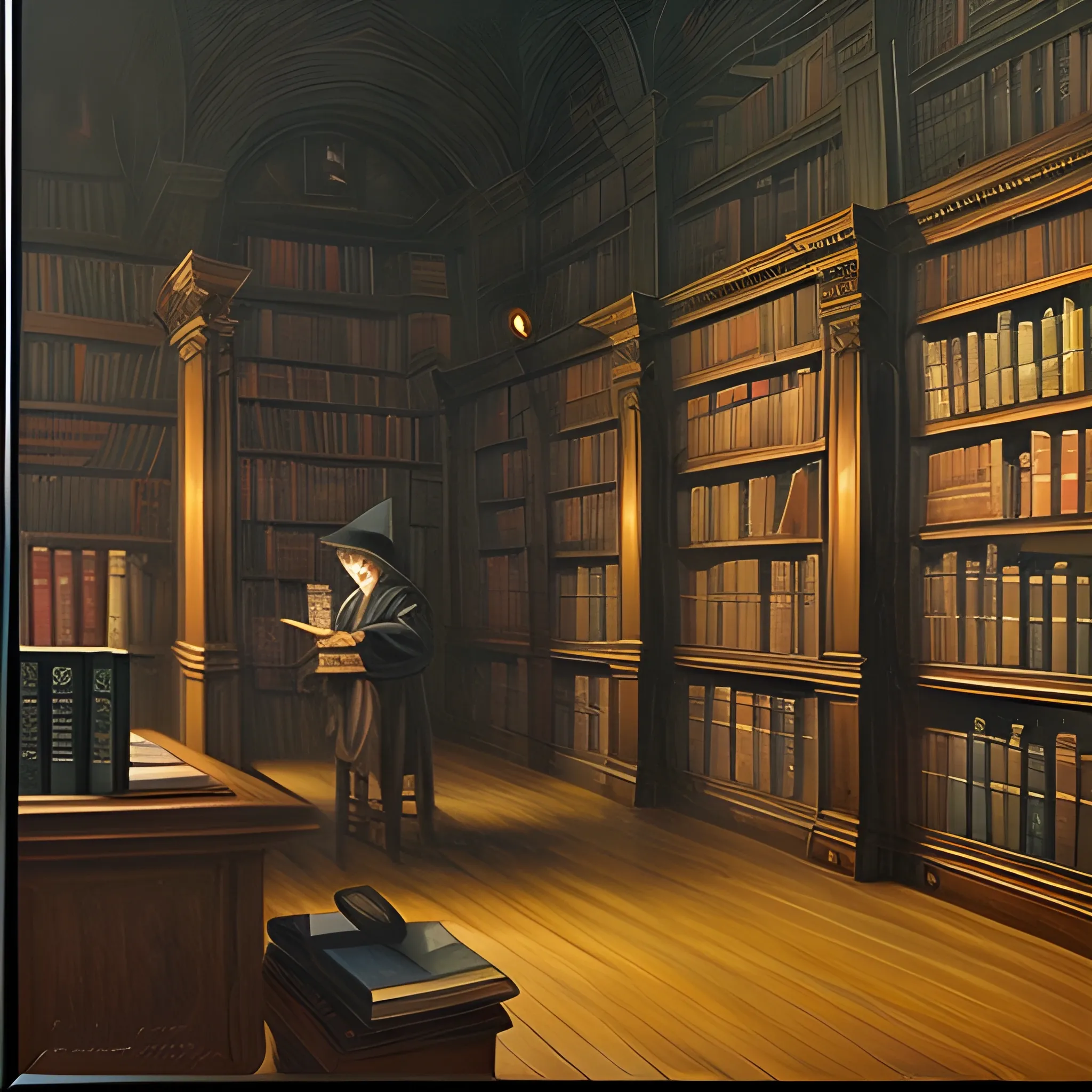 Library,dark,arts,books, Oil Painting