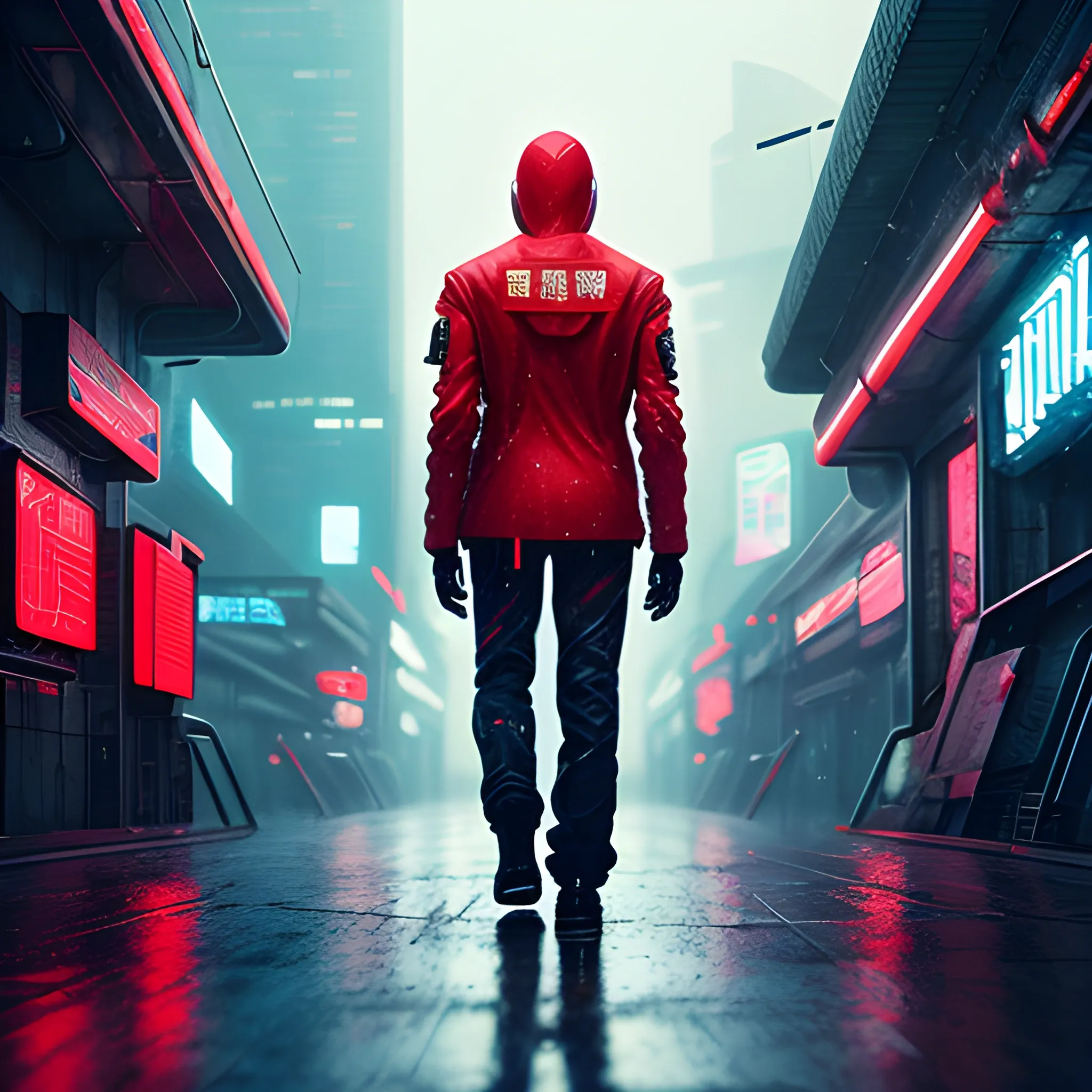 Robot in space city, cyberpunk, red jacket in the rain, extremely high quality