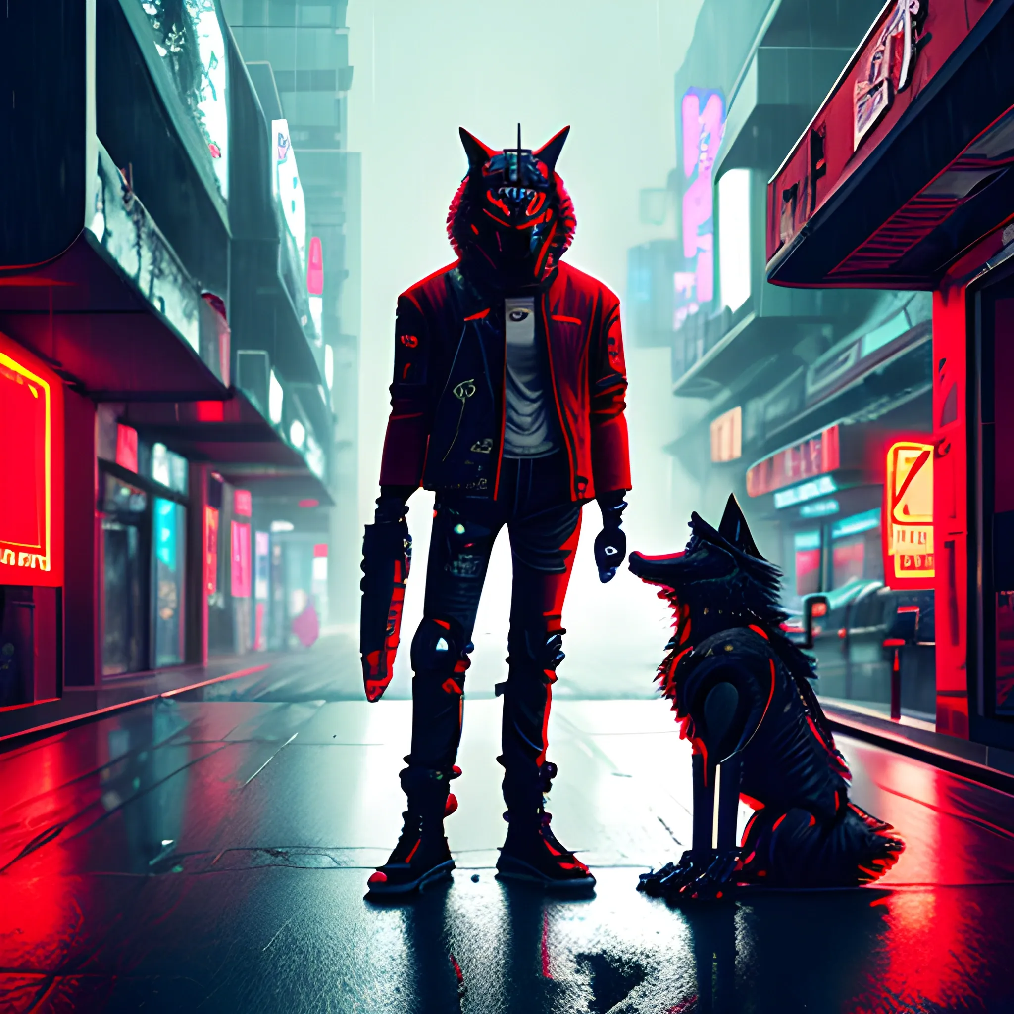 Robot wolf in space city, cyberpunk, red jacket in the rain, extremely high quality, bounty hunter waiting in shadow