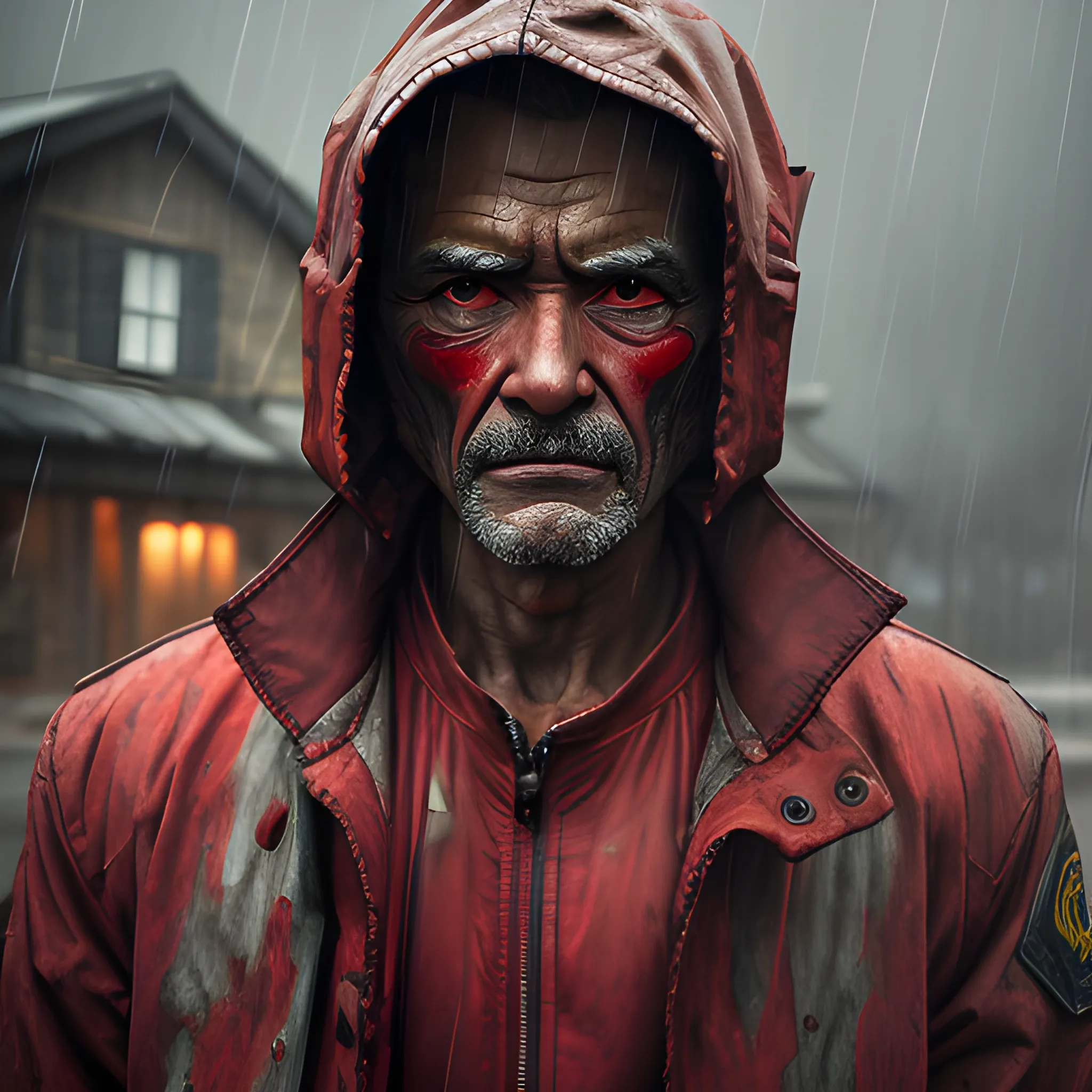 Weathered man in red jacket, extremely high quality, bounty hunter waiting in shadow, Rain storm