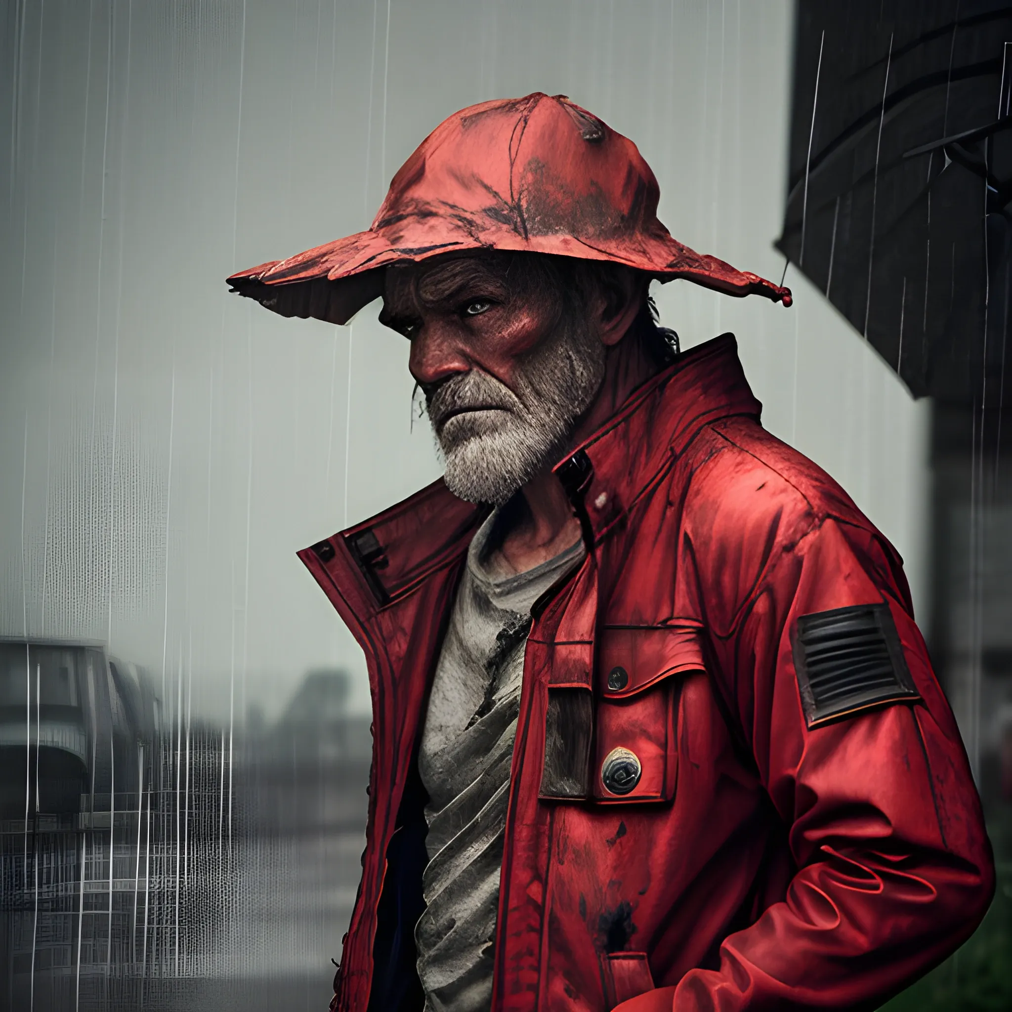 Weathered man in red jacket, extremely high quality, Bounty Hunter, waiting in shadow, Rain storm, Low light environment