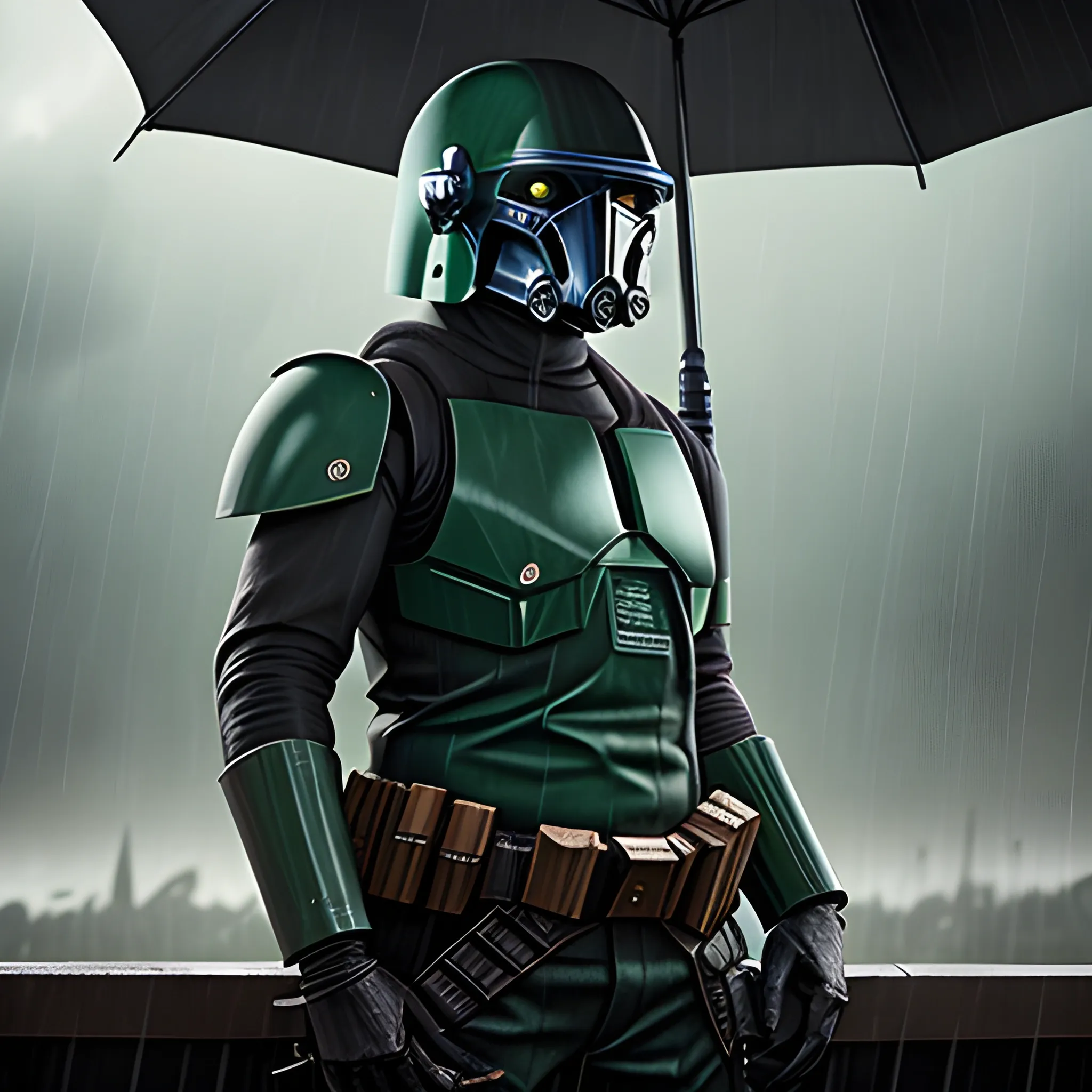  extremely high quality, Bounty Hunter, waiting in shadow, Rain storm, Low light environment