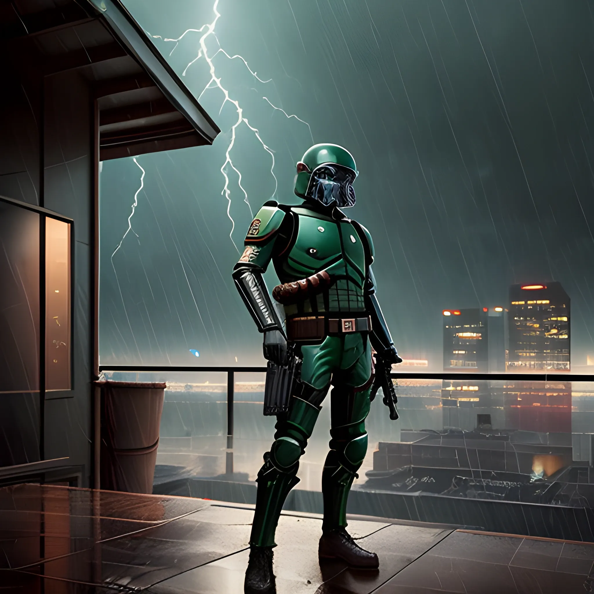  extremely high quality, Bounty Hunter, waiting in shadow, Rain storm, Low light environment, Rifle ready, City Roof