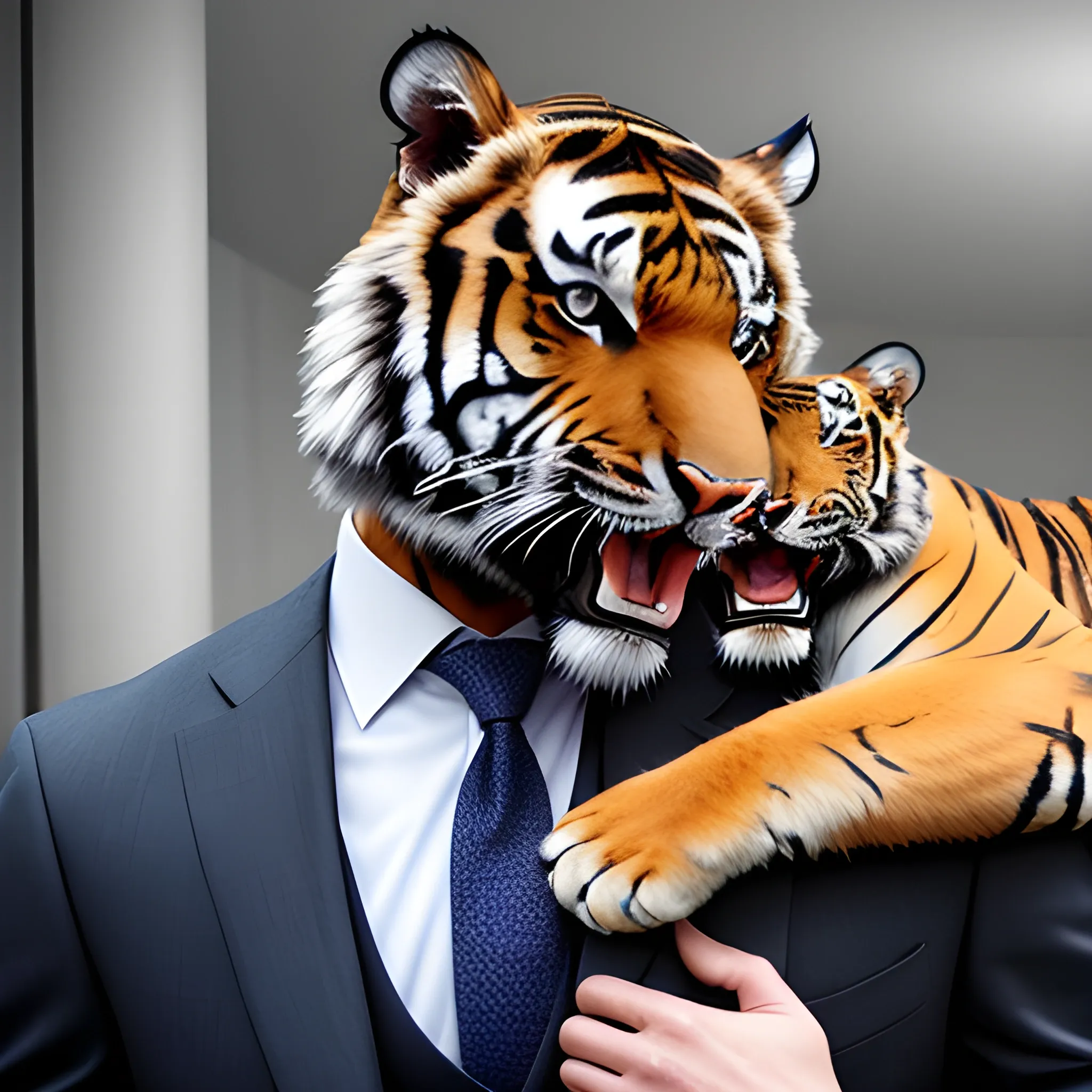 Tigers are tearing and devouring a man in suits