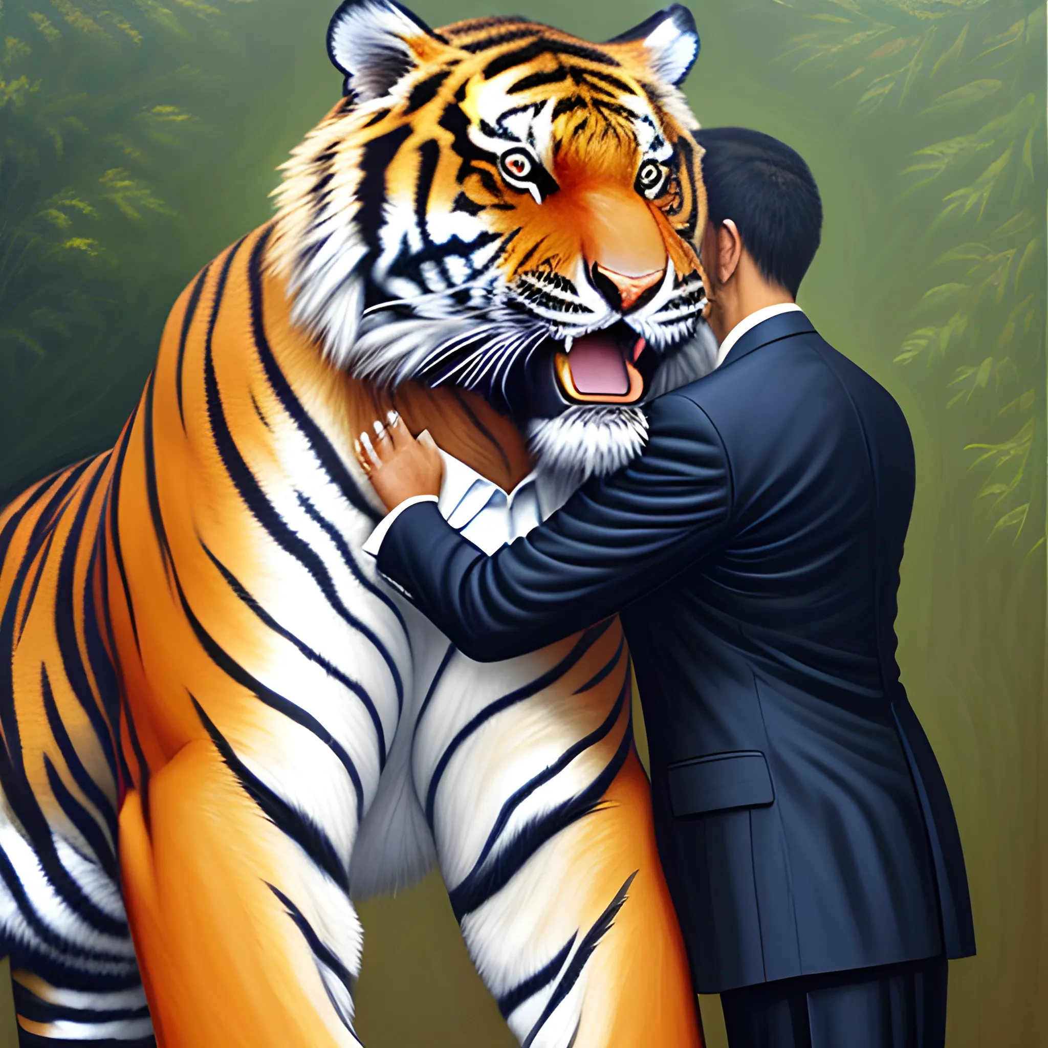 A tiger is eating a man in suits, Oil Painting