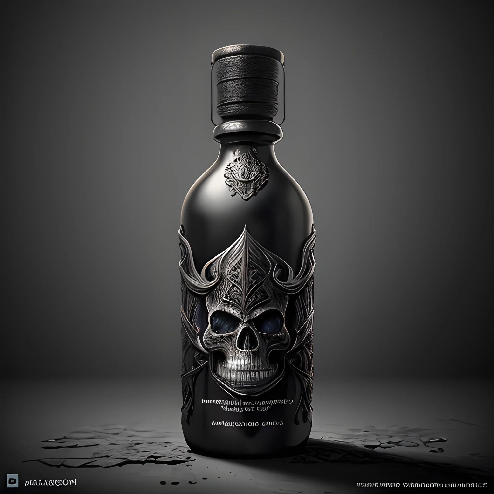 black bottle, black potion, black mixture, skull, demon elixir, 8k, high resolution, high quality, photorealistic, hyperrealistic, detailed, detailed matte painting, deep color, fantastical, intricate detail, splash screen, complementary colors, fantasy concept art, 8k resolution trending on Artstation Unreal Engine