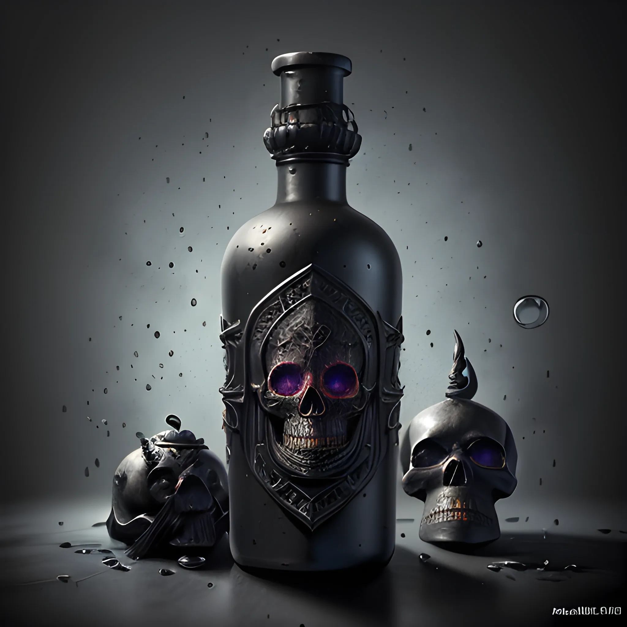 black bottle, black potion, black mixture, skull, demon elixir, 8k, high resolution, high quality, photorealistic, hyperrealistic, detailed, detailed matte painting, deep color, fantastical, intricate detail, splash screen, complementary colors, fantasy concept art, 8k resolution trending on Artstation Unreal Engine