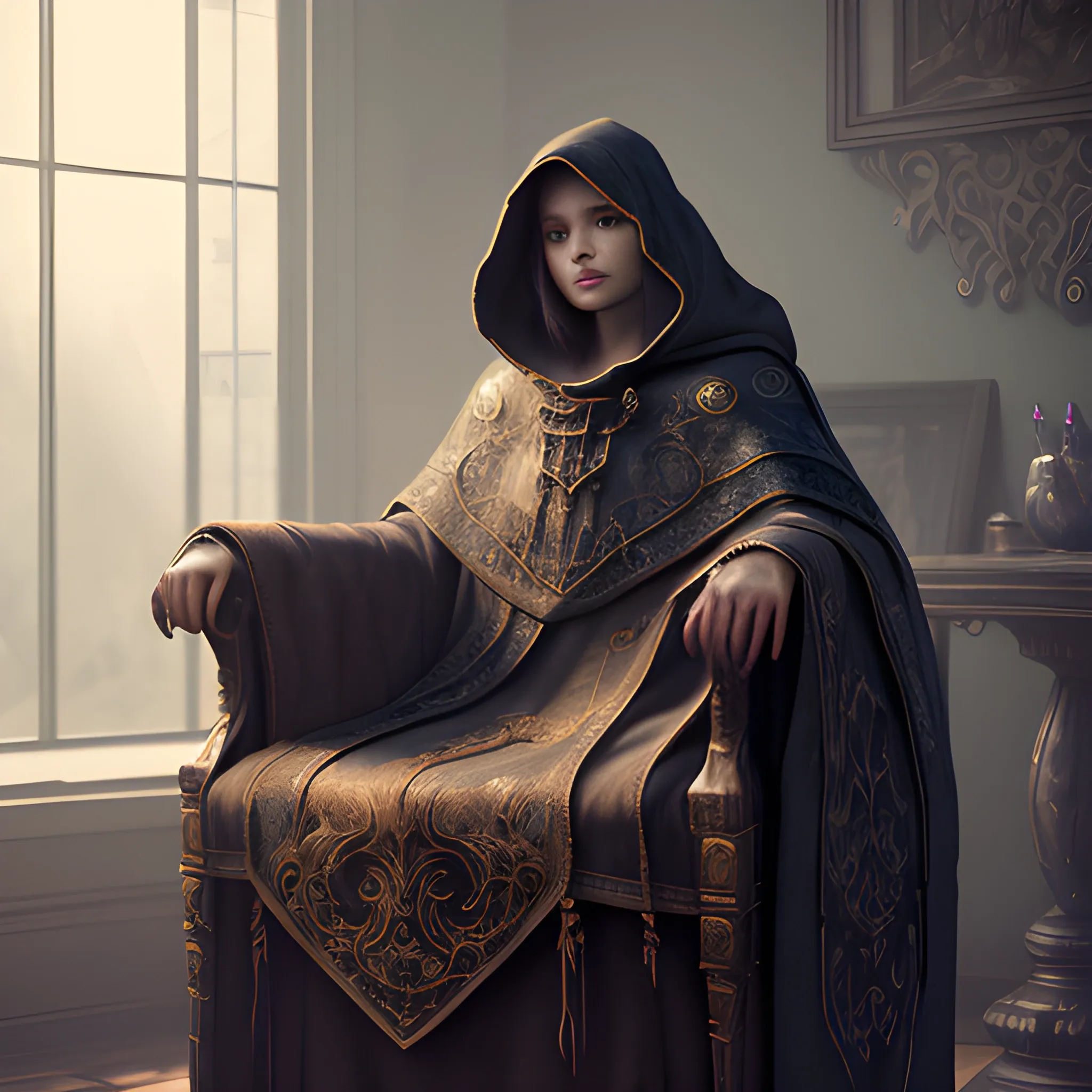 cloak on the chair, 8k, high resolution, high quality, photorealistic, hyperrealistic, detailed, detailed matte painting, deep color, fantastical, intricate detail, splash screen, complementary colors, fantasy concept art, 8k resolution trending on Artstation Unreal Engine