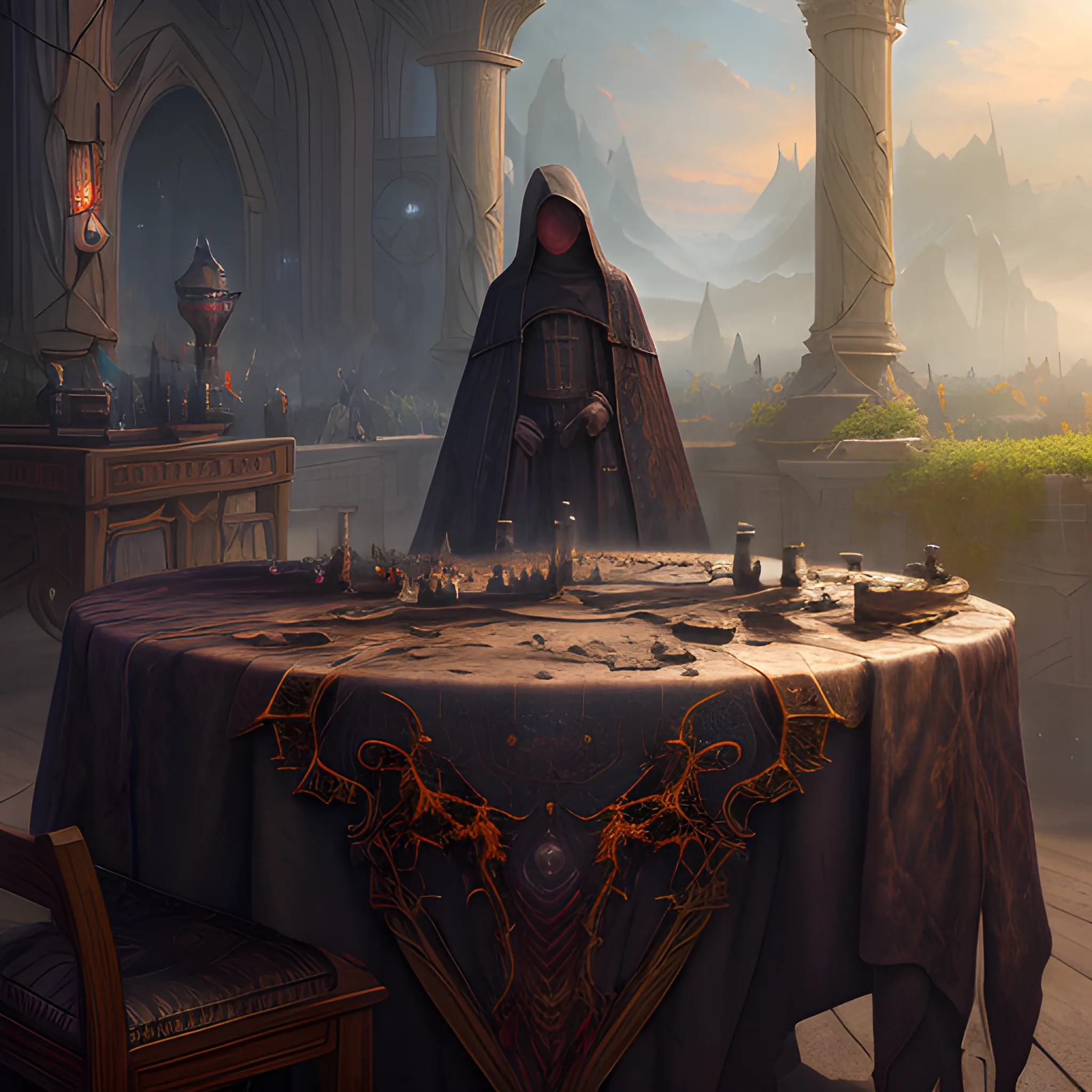 cloak on the table, 8k, high resolution, high quality, photorealistic, hyperrealistic, detailed, detailed matte painting, deep color, fantastical, intricate detail, splash screen, complementary colors, fantasy concept art, 8k resolution trending on Artstation Unreal Engine