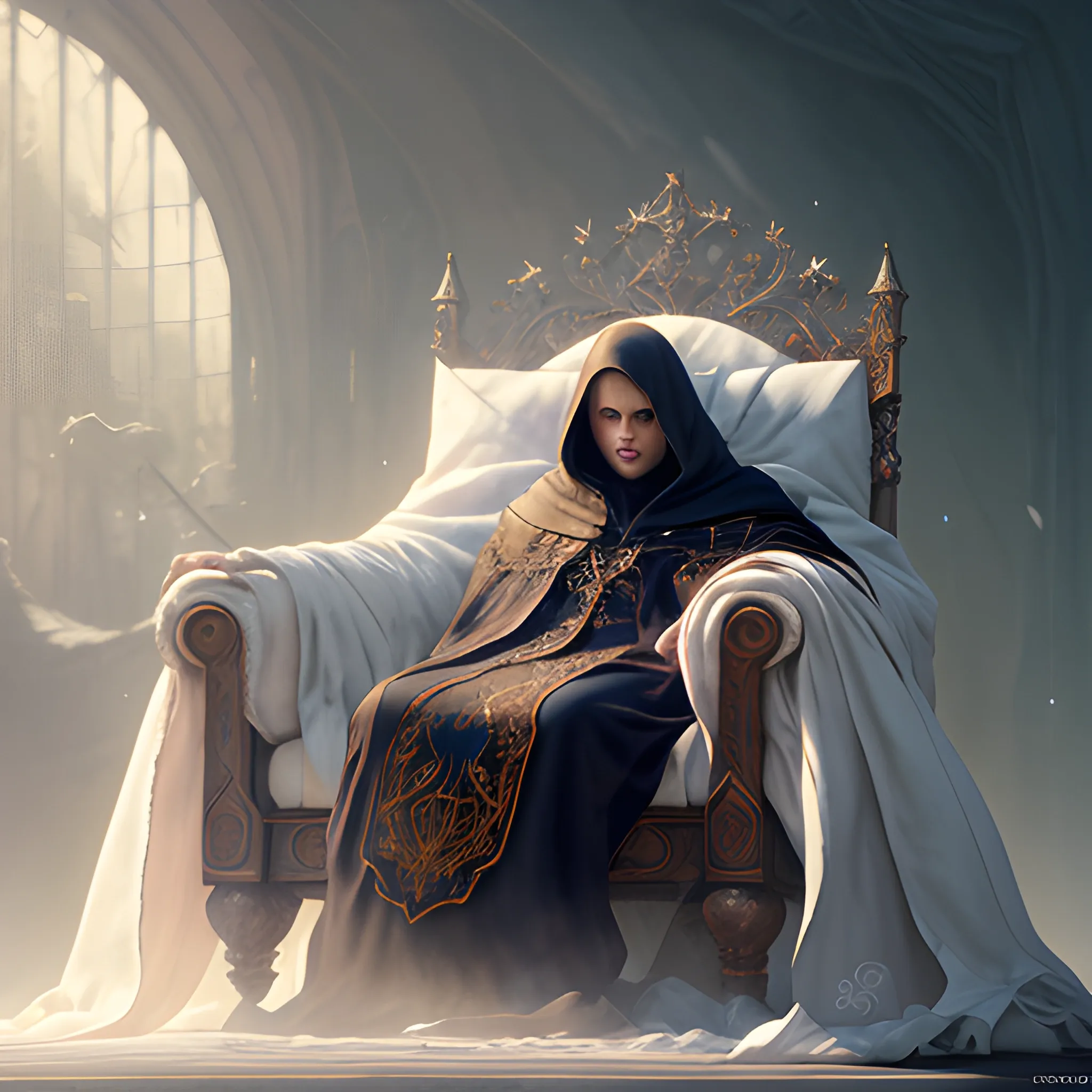 cloak lying on the chair, white cloak, 8k, high resolution, high quality, photorealistic, hyperrealistic, detailed, detailed matte painting, deep color, fantastical, intricate detail, splash screen, complementary colors, fantasy concept art, 8k resolution trending on Artstation Unreal Engine