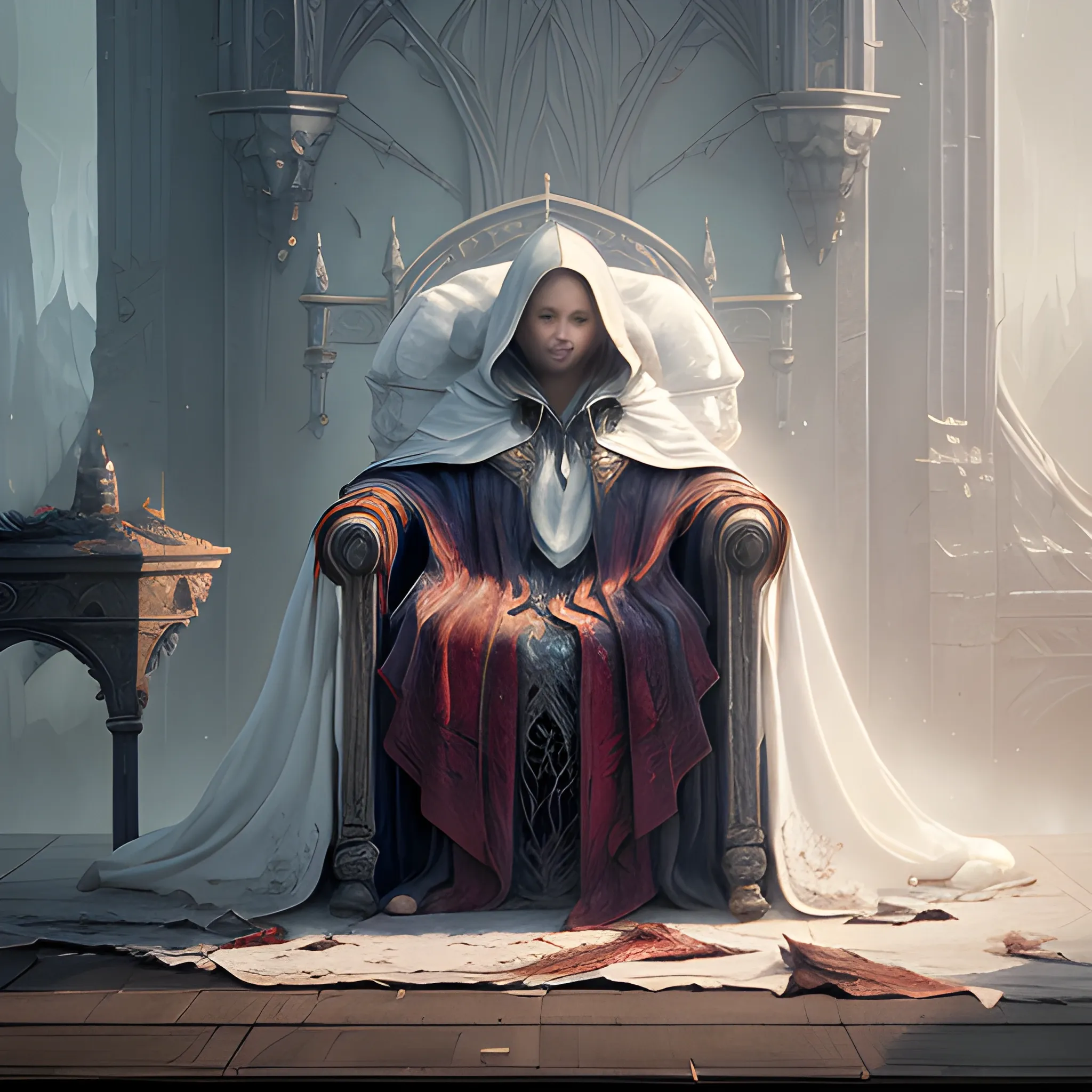 cloak lying on the chair, white cloak, 8k, high resolution, high quality, photorealistic, hyperrealistic, detailed, detailed matte painting, deep color, fantastical, intricate detail, splash screen, complementary colors, fantasy concept art, 8k resolution trending on Artstation Unreal Engine