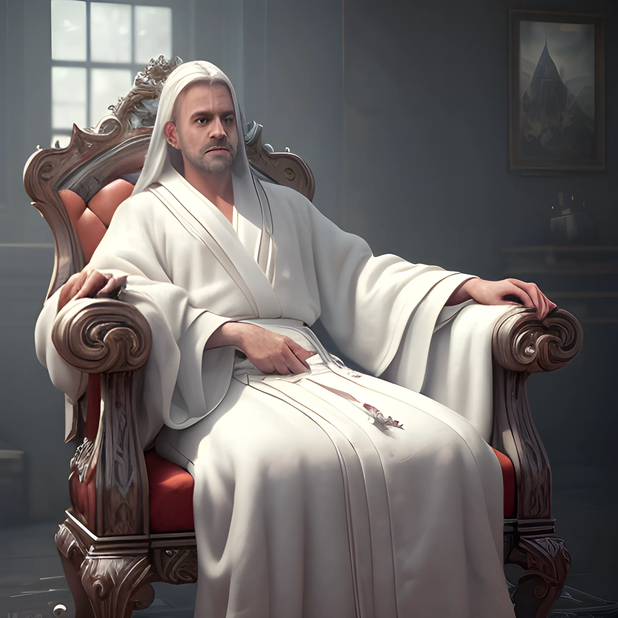 white robe, robe lying on the chair, robe, 8k, high resolution, high quality, photorealistic, hyperrealistic, detailed, detailed matte painting, deep color, fantastical, intricate detail, splash screen, complementary colors, fantasy concept art, 8k resolution trending on Artstation Unreal Engine