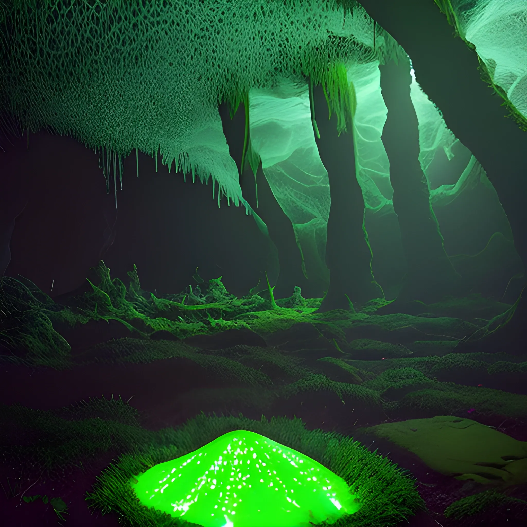 Luminescent mycelium glowing in the darkness of deep, moss-covered caves amidst the ancient woods