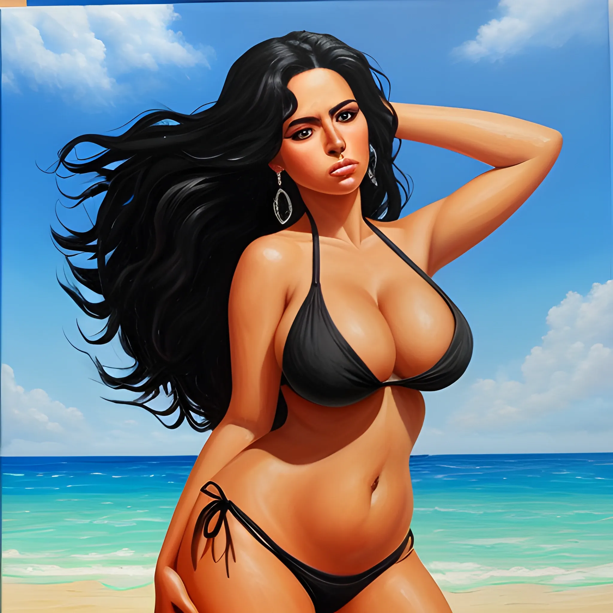 Make a beautiful latina in a bikini with big boobs and black hai