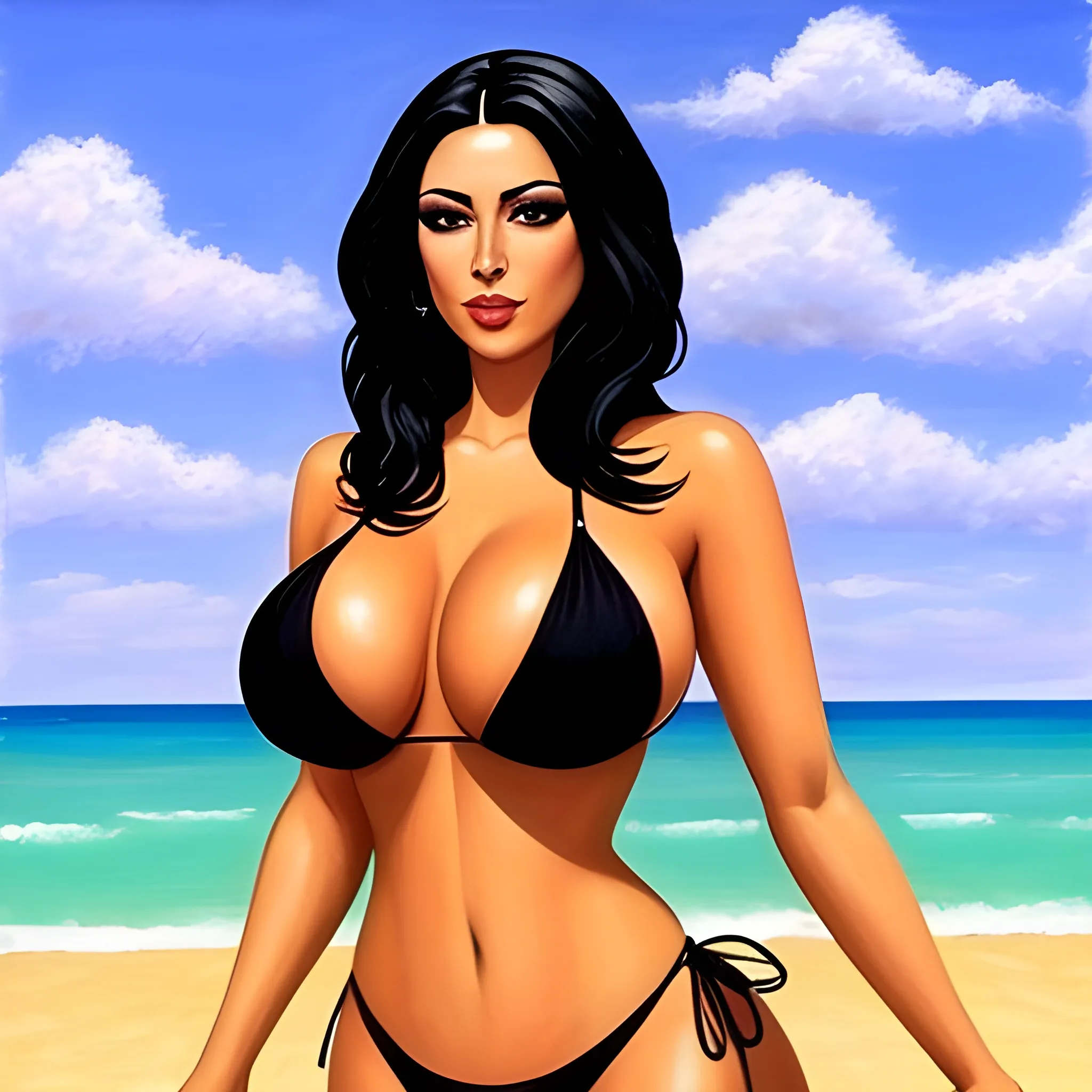 Make a beautiful latina wearing a bikini with black hair and big