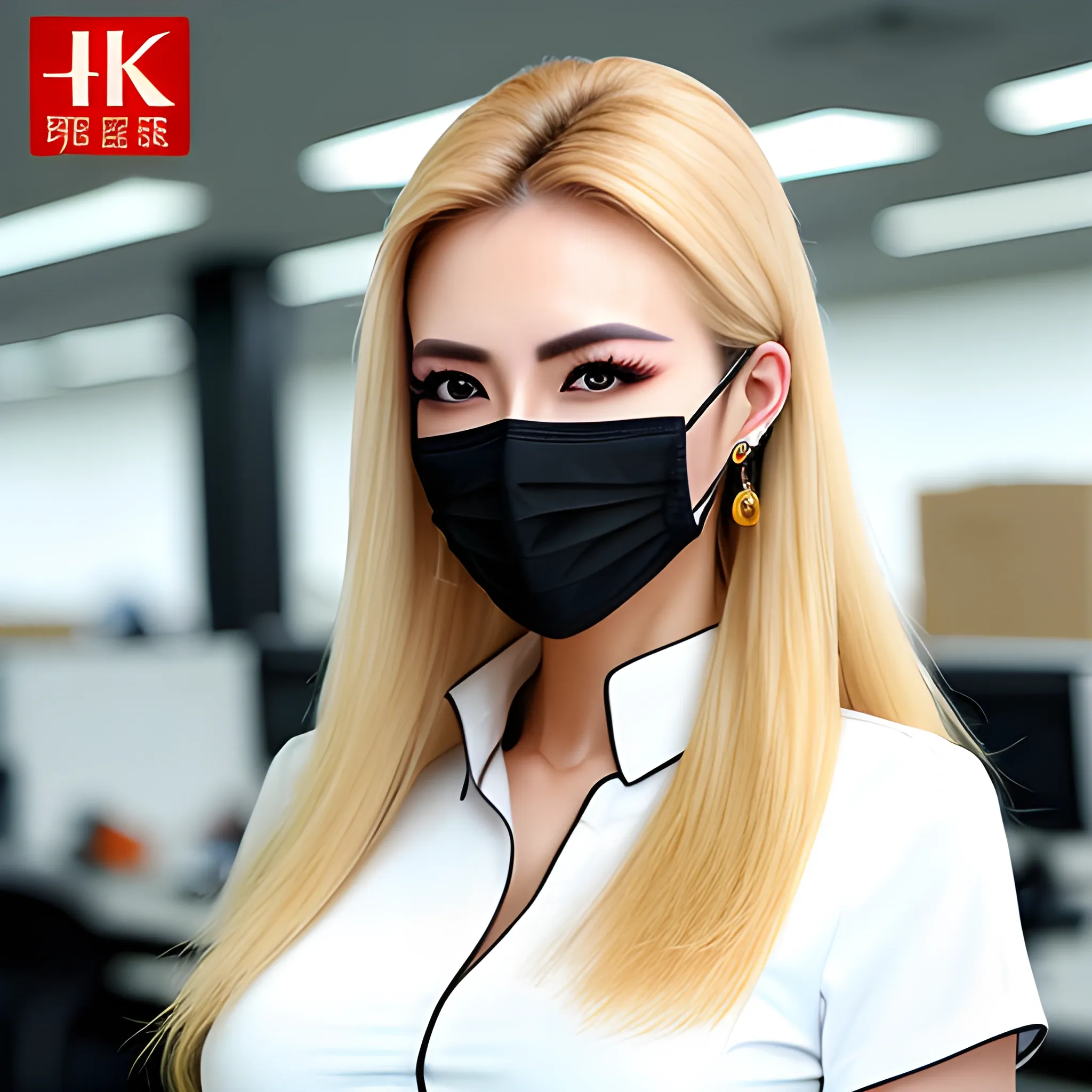 good hand, 4k, best quality, chinese, in the workplace, wearing face mask, business outfit, sweaty, sharp focus, soft lighting, skinny, enormous breasts, 1girl, jewelry, earrings, long hair, blond hair, extremely messy hair