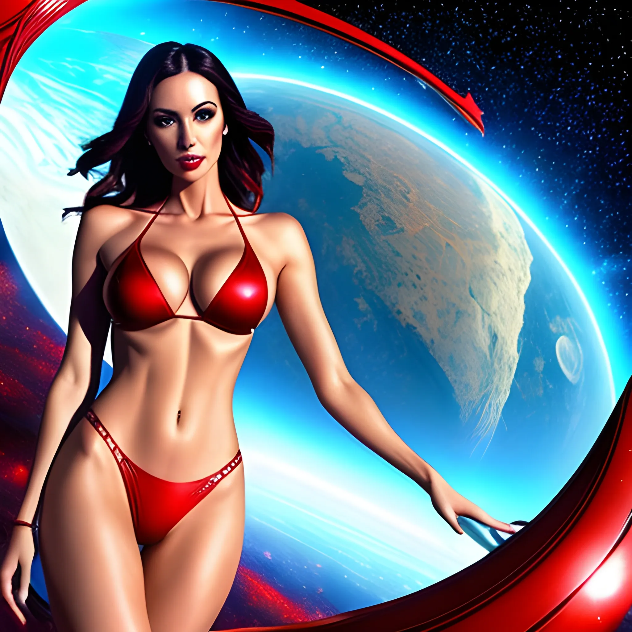 Beautiful girl wearing red bikini, mysterious space style, ultra high definition image, intricate pattern