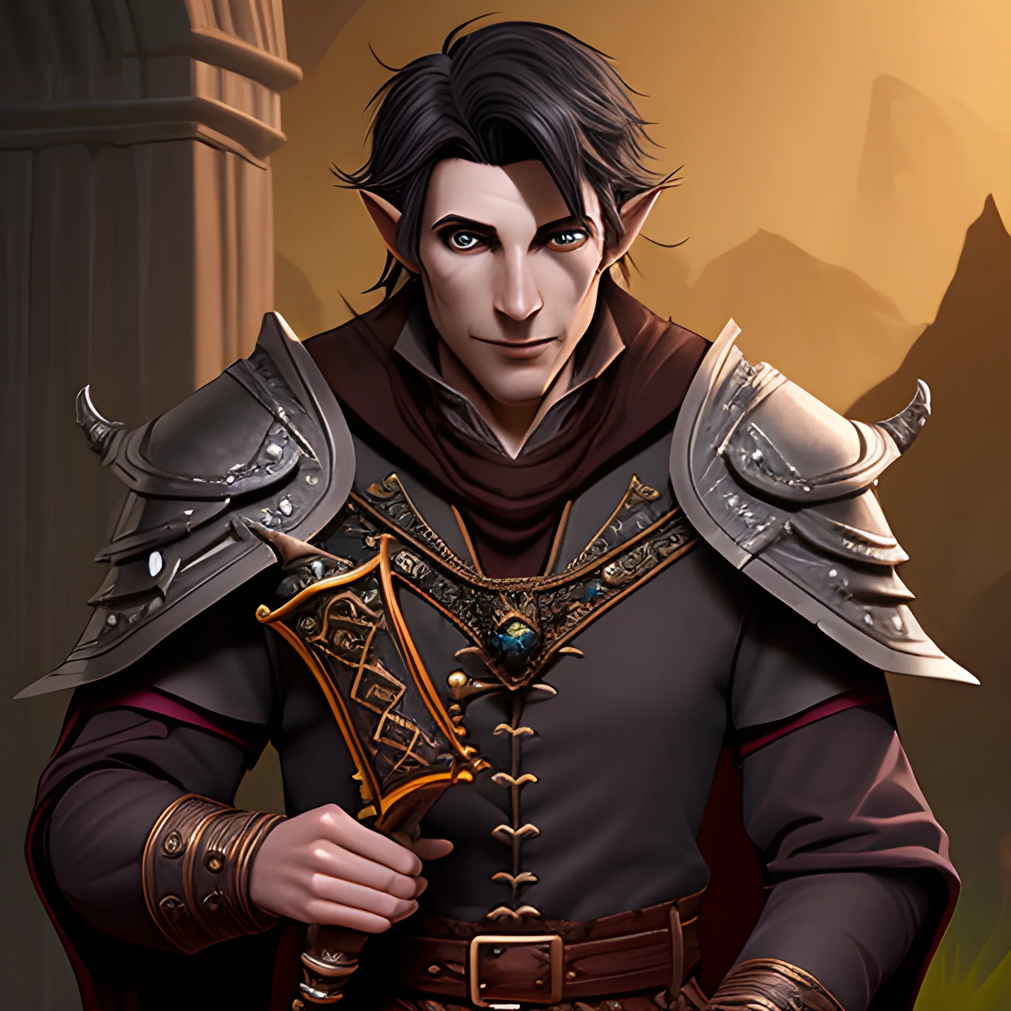Make a Dungeons and Dragons character that is a male, self-assured, dashing and intense, dark haired, ashen skinned Shadar Kai Elf that is a Warlock Bard
