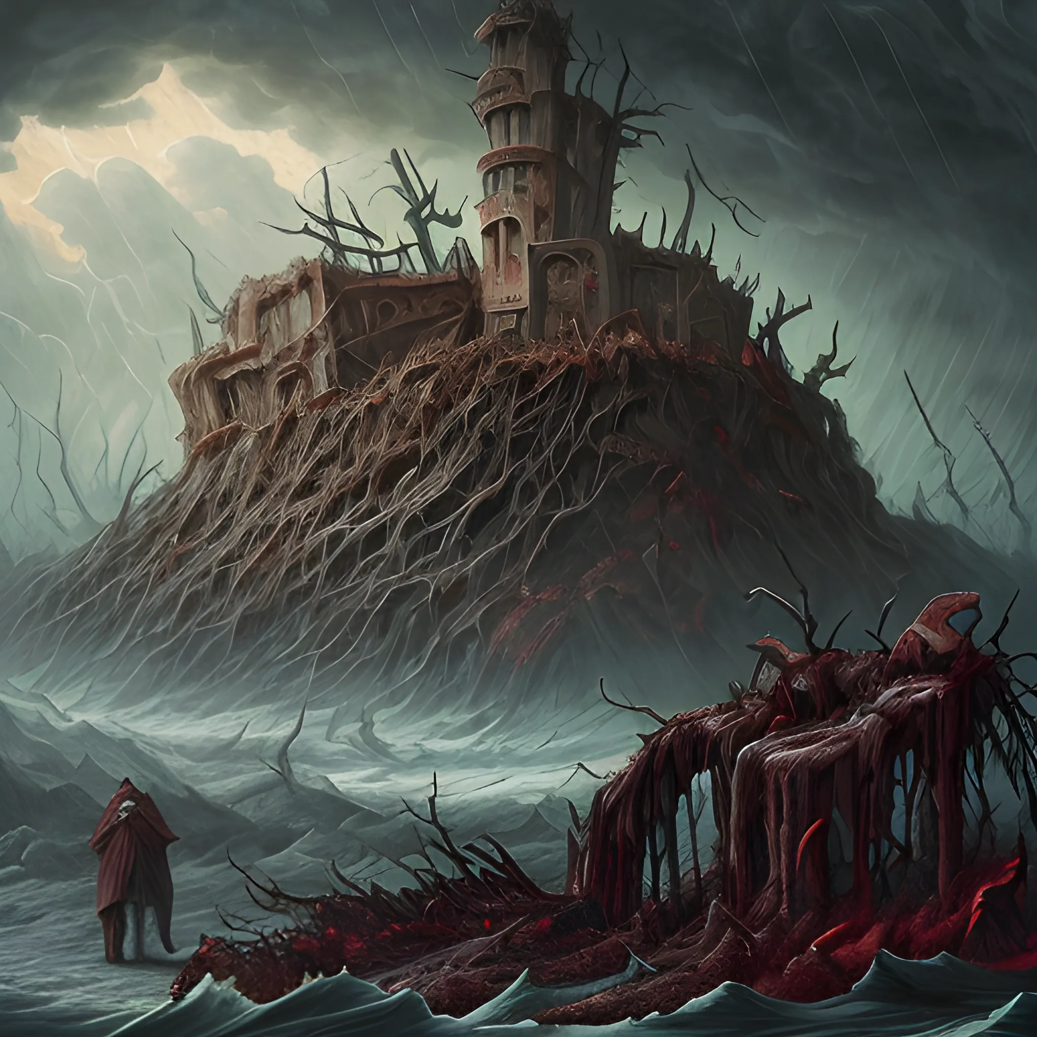 Depicting the corrupted landscape and foul weather that serve as torment for the gluttonous souls condemned to this region, unable to find relief from the elements.