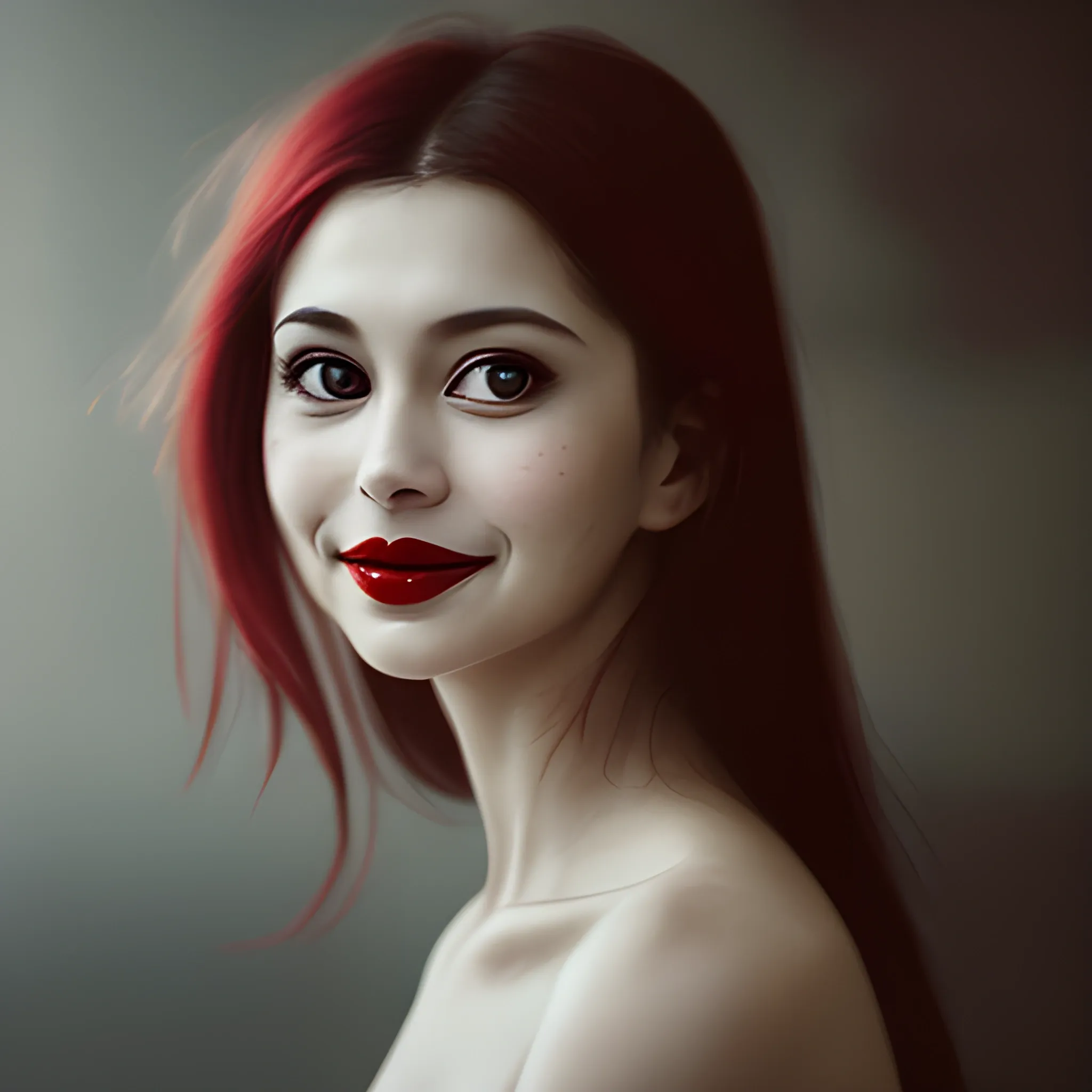 Against a blurred background, a red-lipped smile faintly plays at the corners of her mouth while her eyes stare longingly off camera, lost in thought.