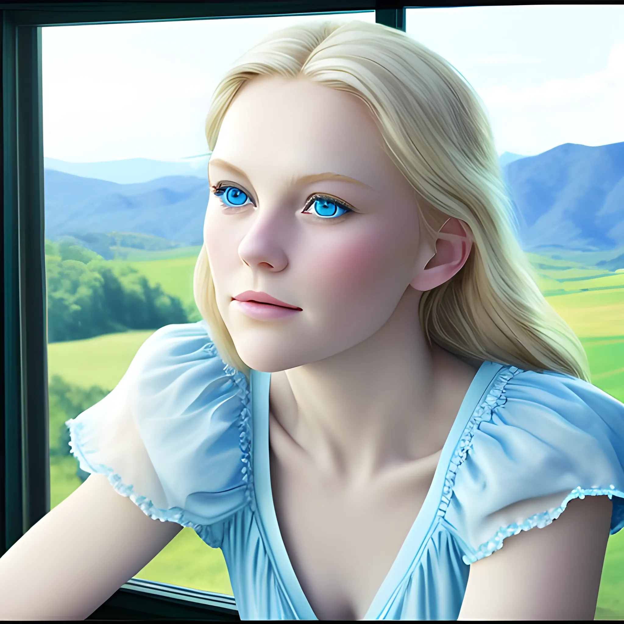Blue skies and rolling hills fill the window behind a fair-skinned blonde lost in a daydream, her crystal blue eyes gazing wistfully into the middle distance above features delicate as porcelain.