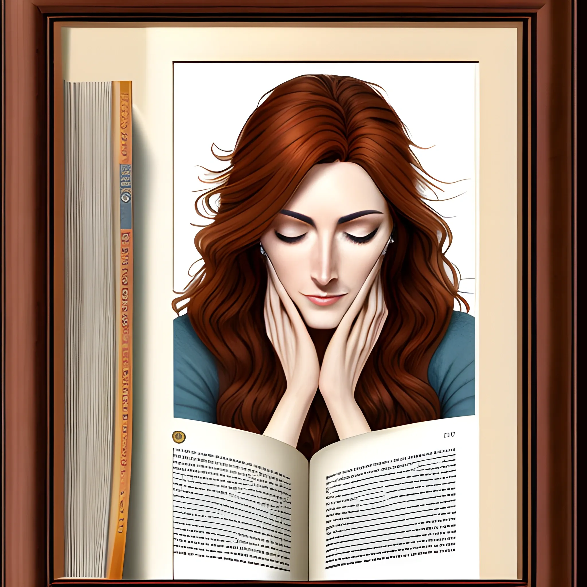 Frame a young woman in profile against a bookshelf, strands of auburn hair concealing part of her face as her hazel eyes focus intently on the pages of an open book, drawn deep into the story.