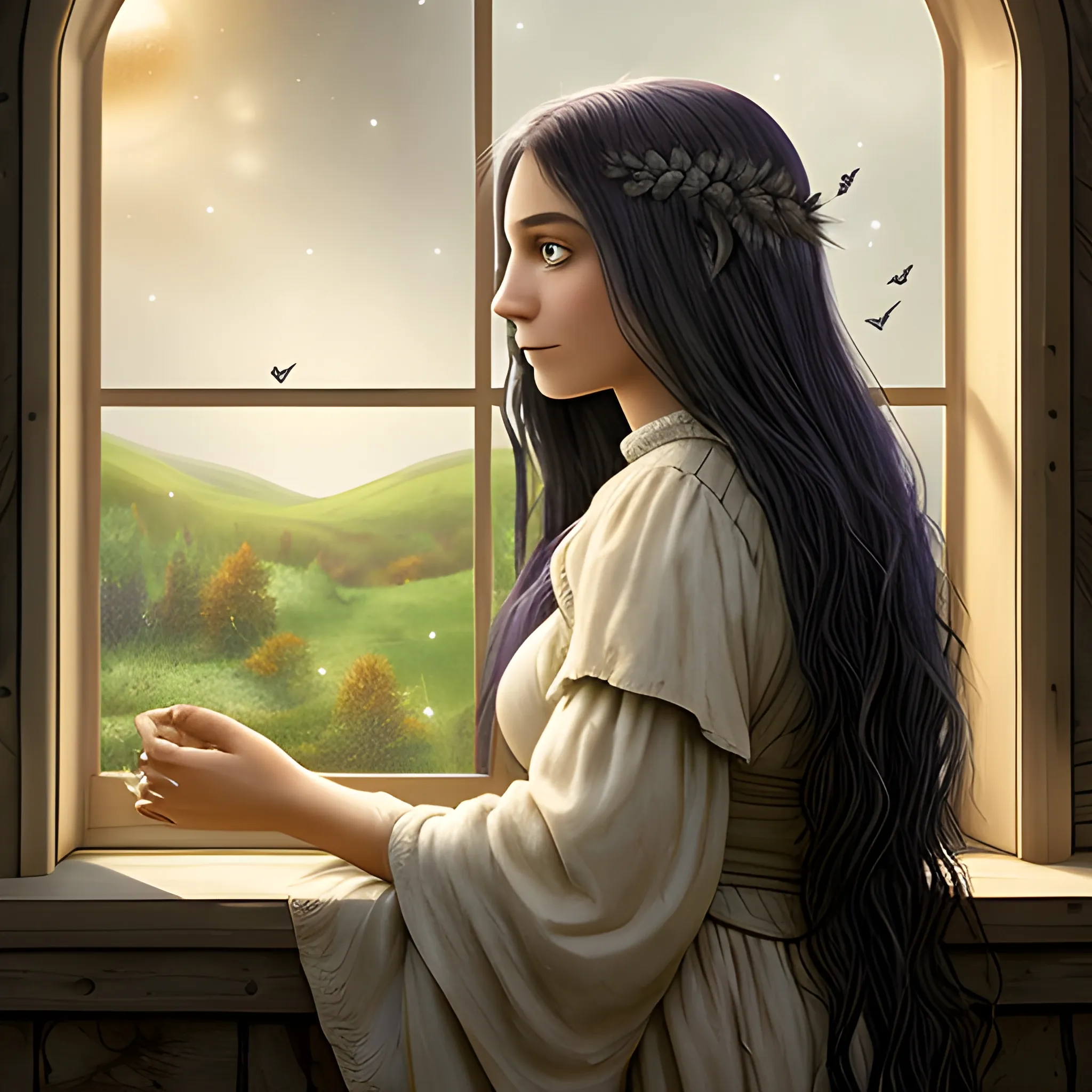 A raven-maned maiden sits by an open window, ivory skin aglow as her doe-brown eyes dream distant, seeing what is, what was, and all that's yet to be under stars just beginning to shimmer.