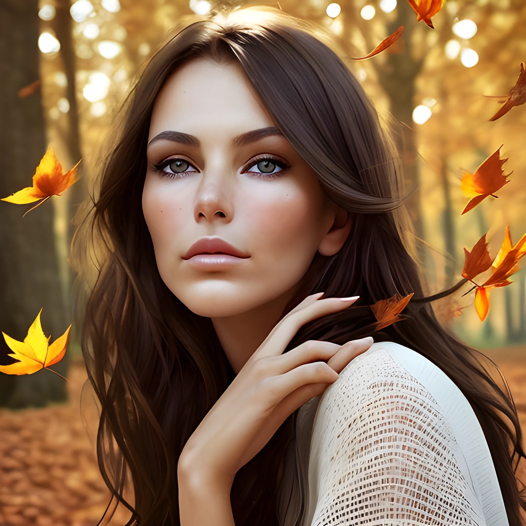 Catch the pensive, faraway look in the eyes of a beautiful brunette as afternoon sun filtering through trees dances across high cheekbones and full lips, lost in thoughts swirling like falling leaves upon a gentle autumn breeze.