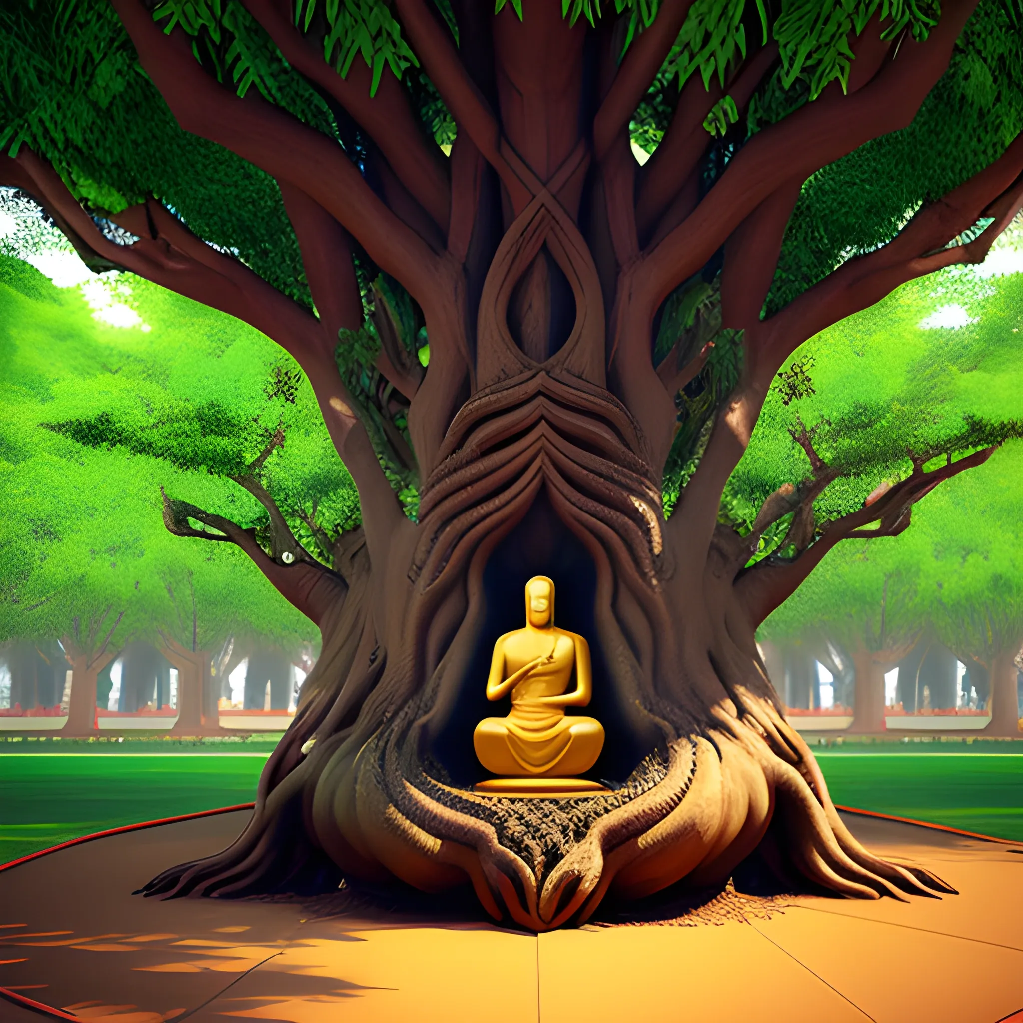 Create a realistic 3D illustration of an animated lord Budha character sitting casually under a Banyan Tree with their students.