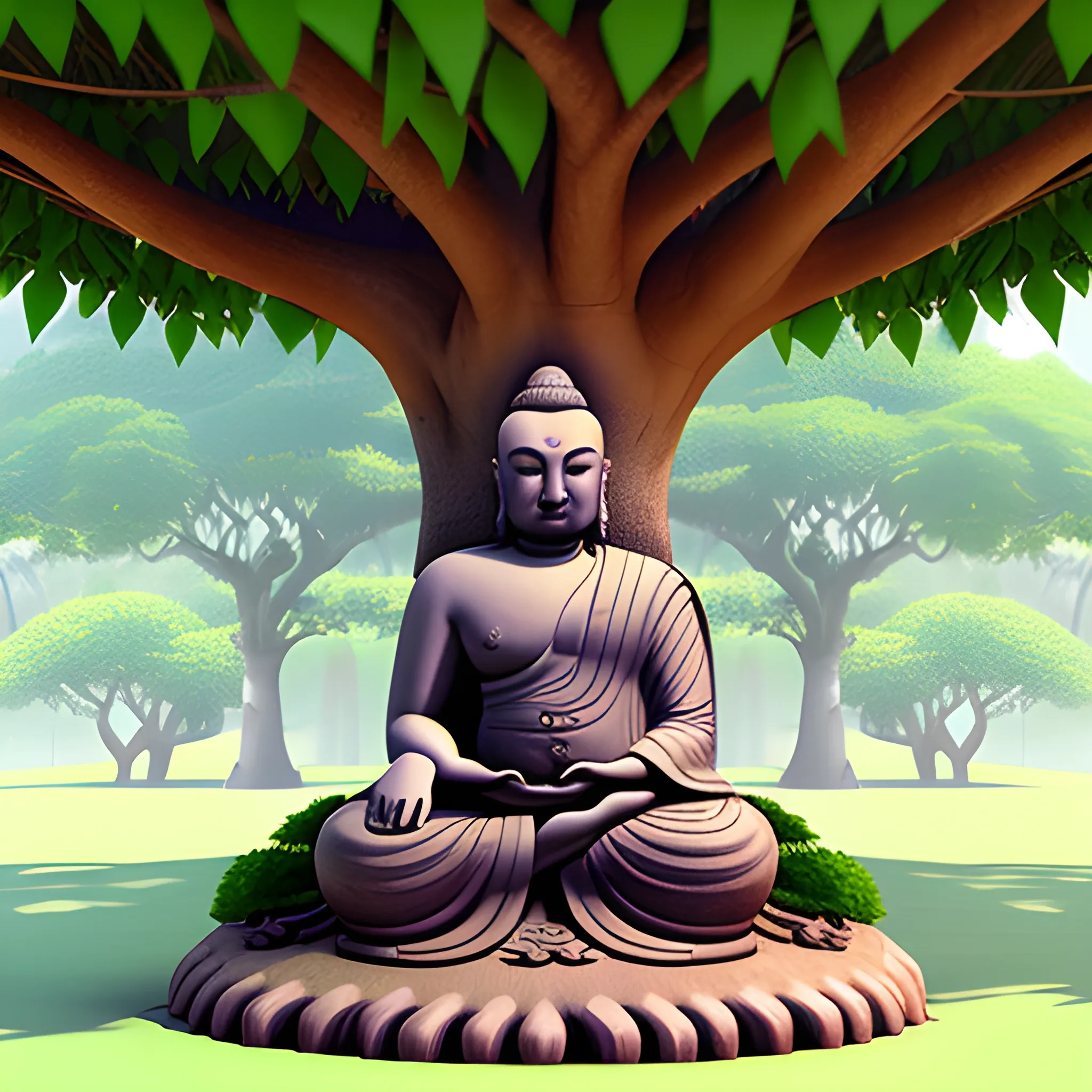 Create a realistic 3D illustration of an animated lord Budha character sitting casually under a Banyan Tree with their students., Pencil Sketch