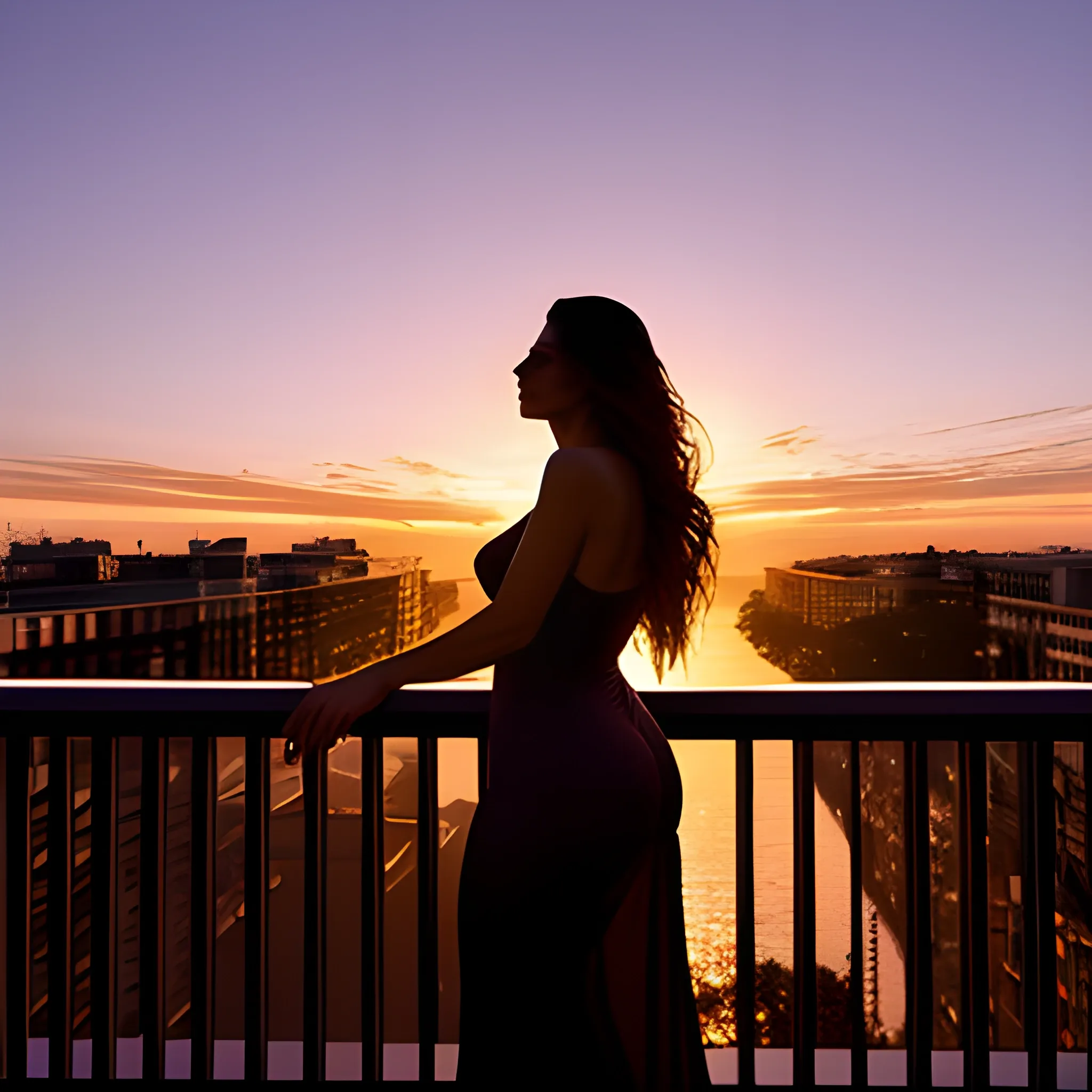 Using natural light just after sunset, photograph the silhouette of the girl at her balcony railing, gazing out at the last rays of the setting sun. Her slender limbs and flowing nightgown are backlit while her long hair floats around her shoulders in the breeze.
