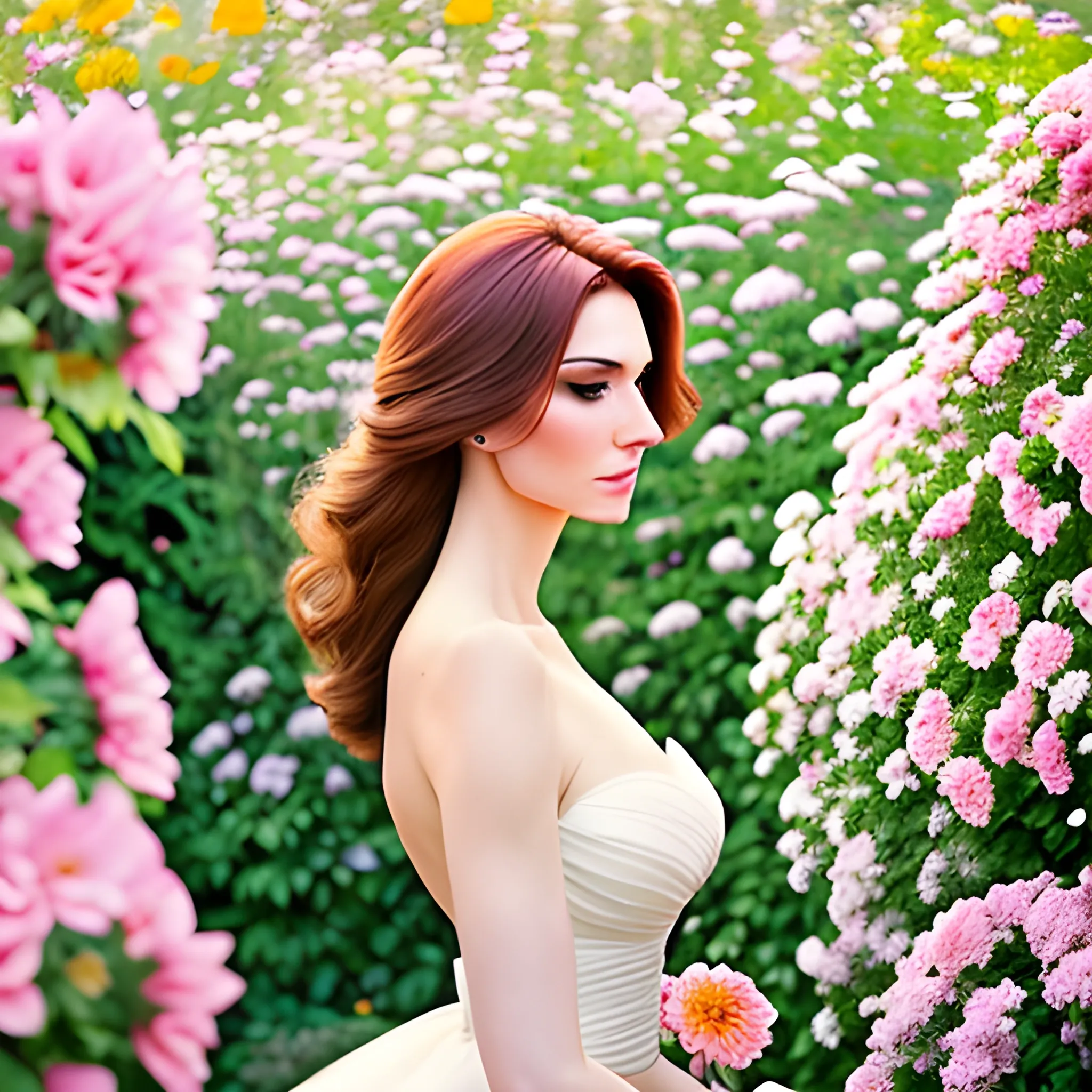 Photographing the girl among a garden of flowers, her ethereal beauty contrasting with the blooms. Bright yet diffuse morning light softly illuminates her fair skin and flowing dress. Shooting from a low angle emphasizes her delicate bone structure and lifts her graceful profile.