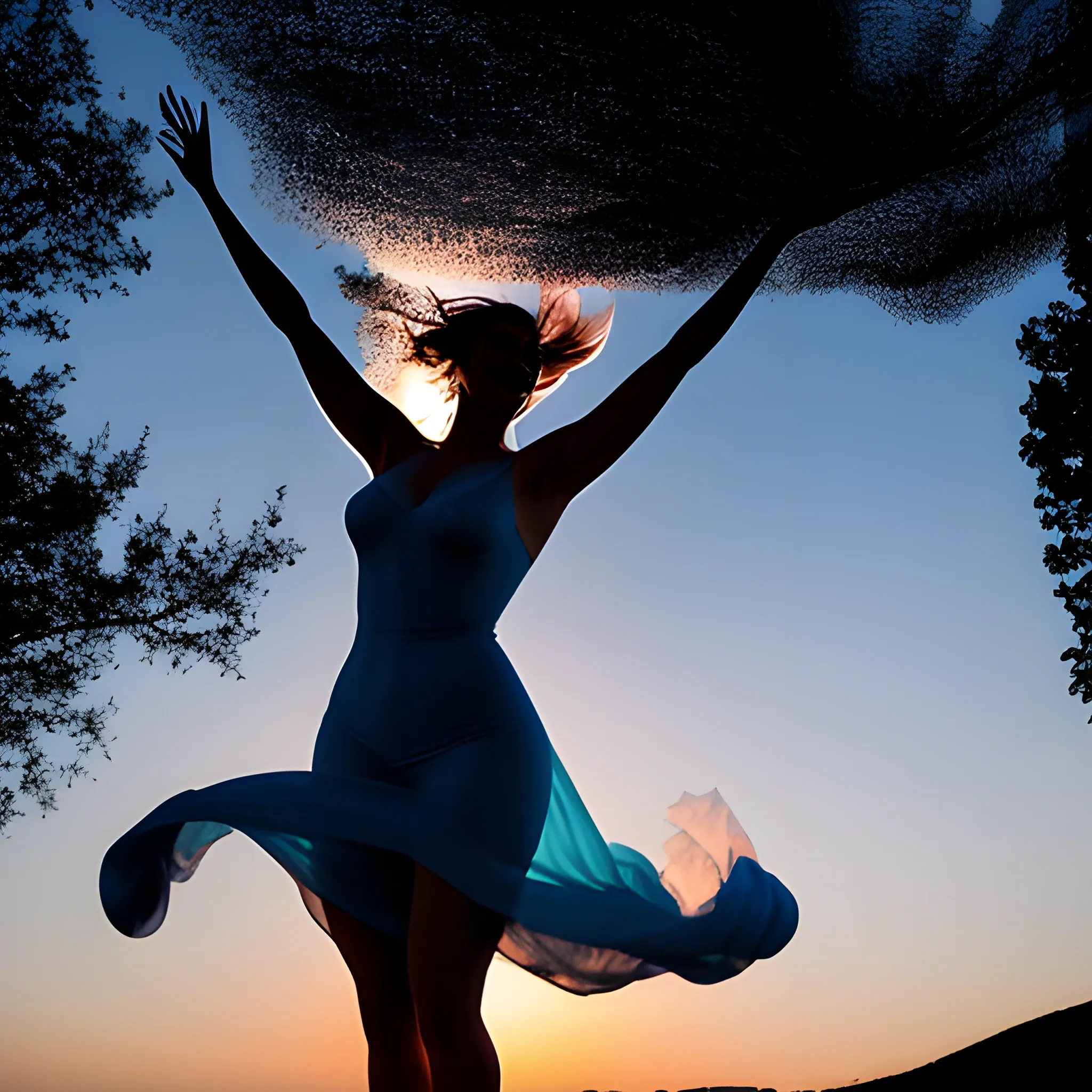 Using a long lens in the blue light of dusk, photograph the silhouette of the girl as she dances among billowing sheets hung out to dry. Her slender limbs twirl gracefully while her nightgown and streaming hair flare out around her. Only the curves of her smiling face are visible facing the fading sun.