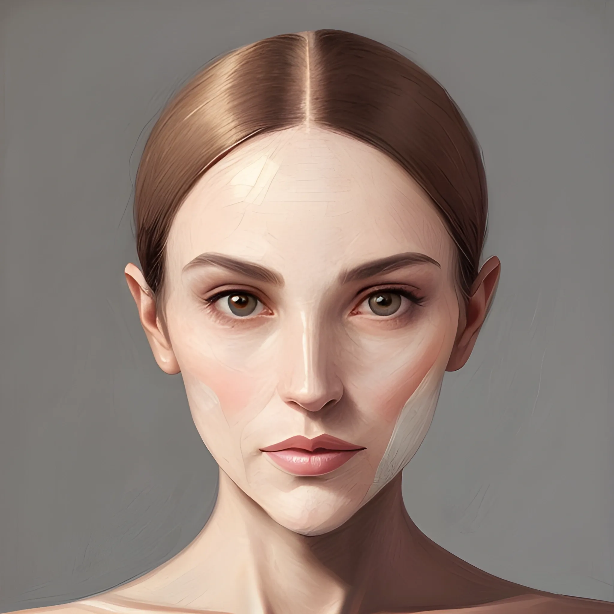 A portrait of a woman with soft yet defined facial features, including slightly angular cheeksbones and a square jawline that give her face a balanced look.