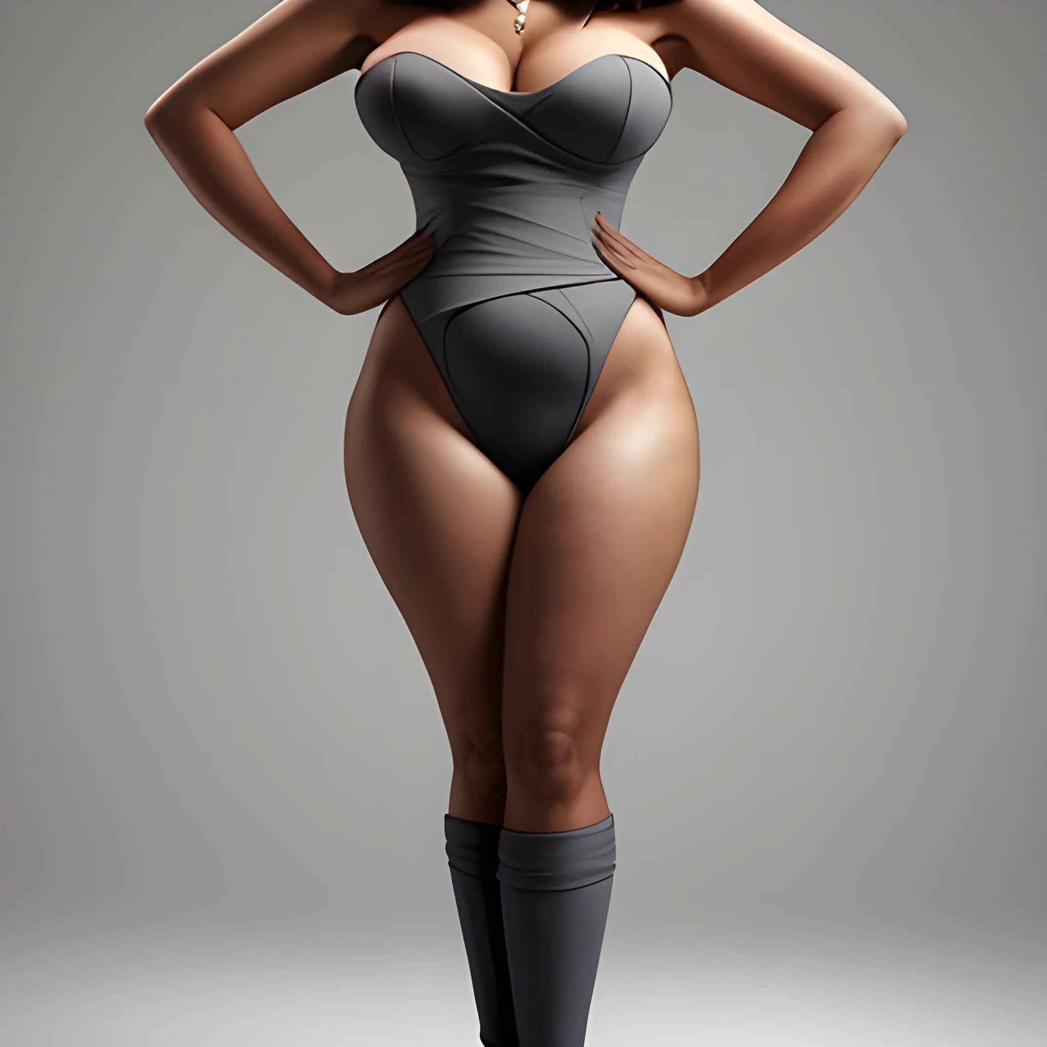 A full-length outfit photo capturing her balanced bone structure and the curves of her bust and hips balanced by slightly angular shoulders.