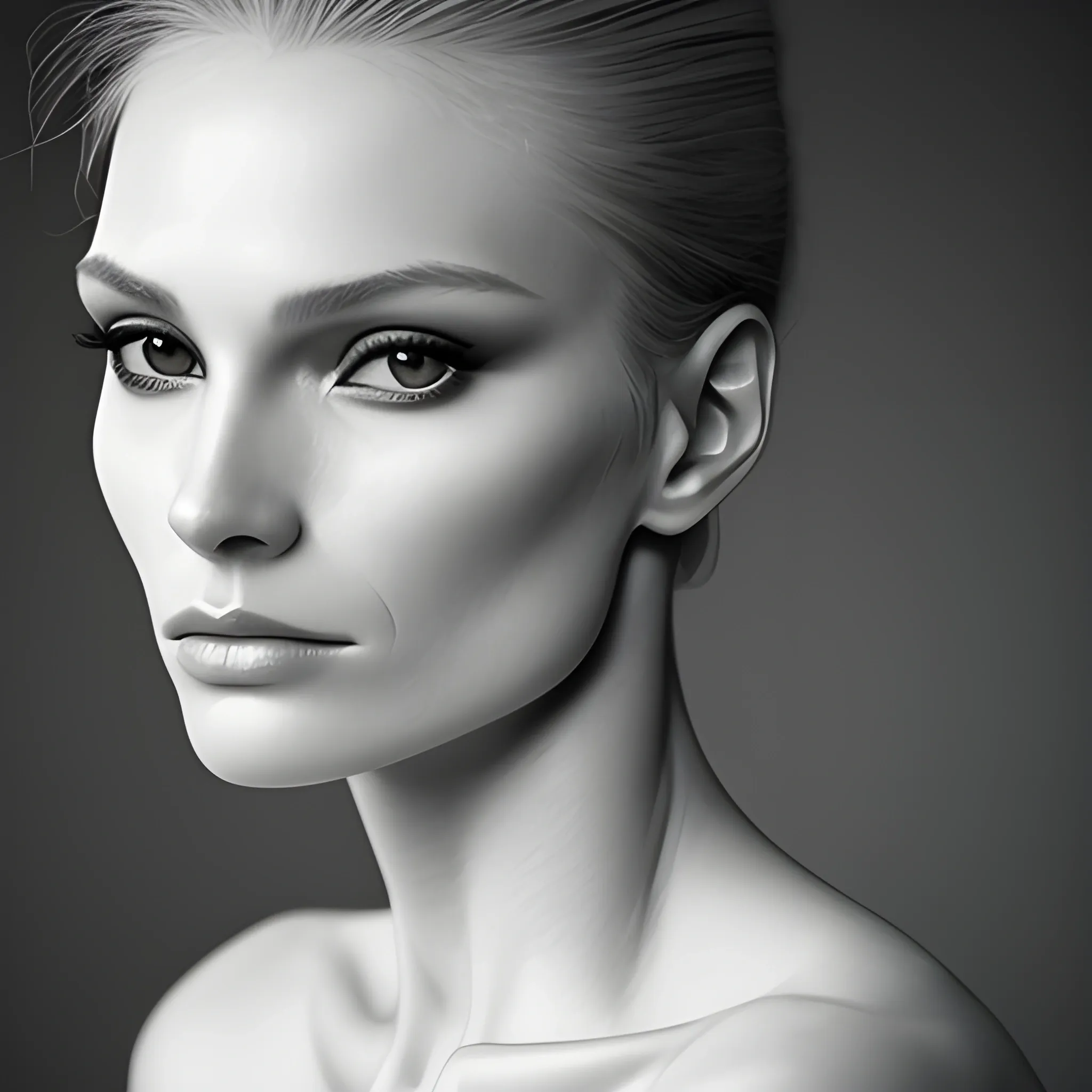 A glamour shot focusing on her cheekbones and jawline, using shallow depth of field and diffused lighting to highlight the softness of her features.