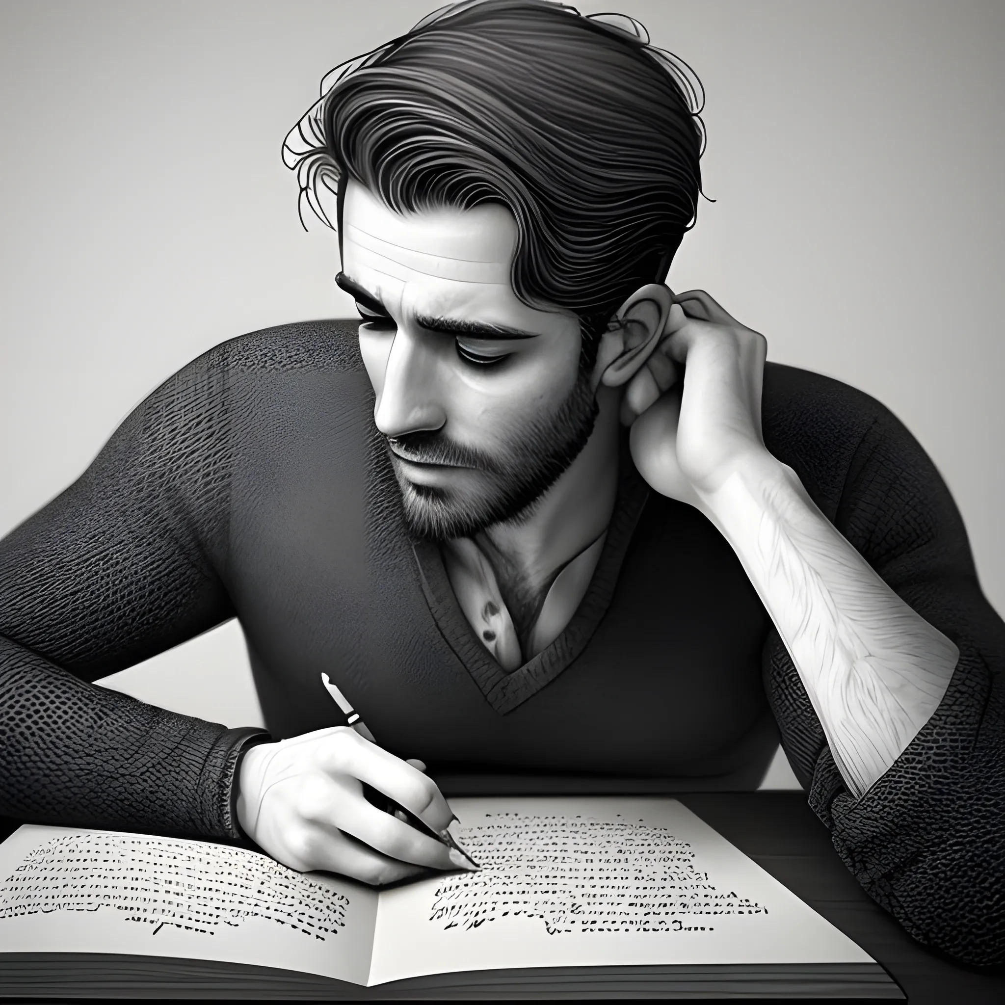 A handsome male writer, with depression, beautiful photorealistic illustration, intricate details